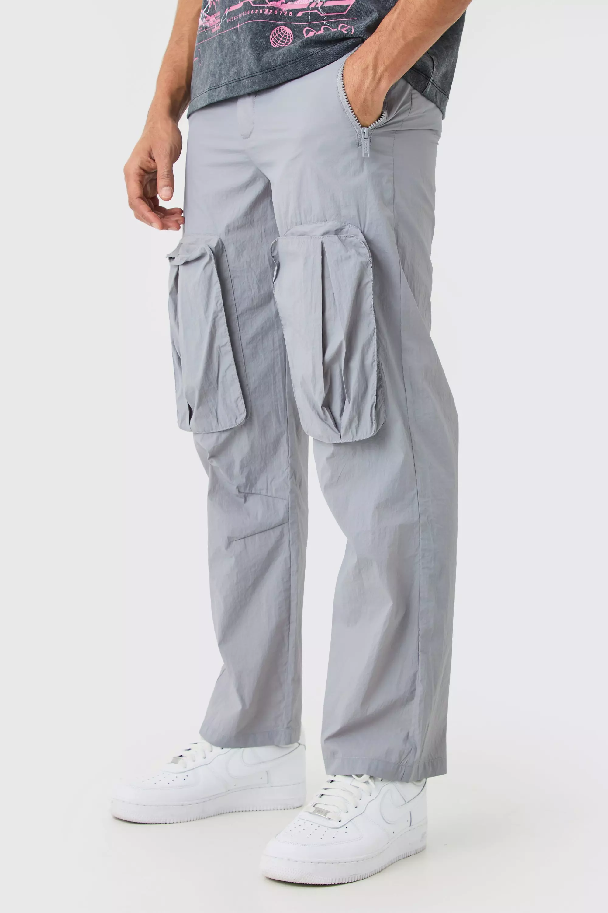 Grey Fixed Waist Relaxed Crinkle Nylon Cargos