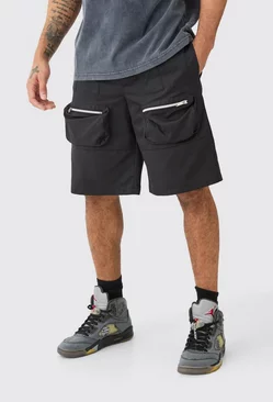 Elasticated Waist Nylon Cargo Shorts Black