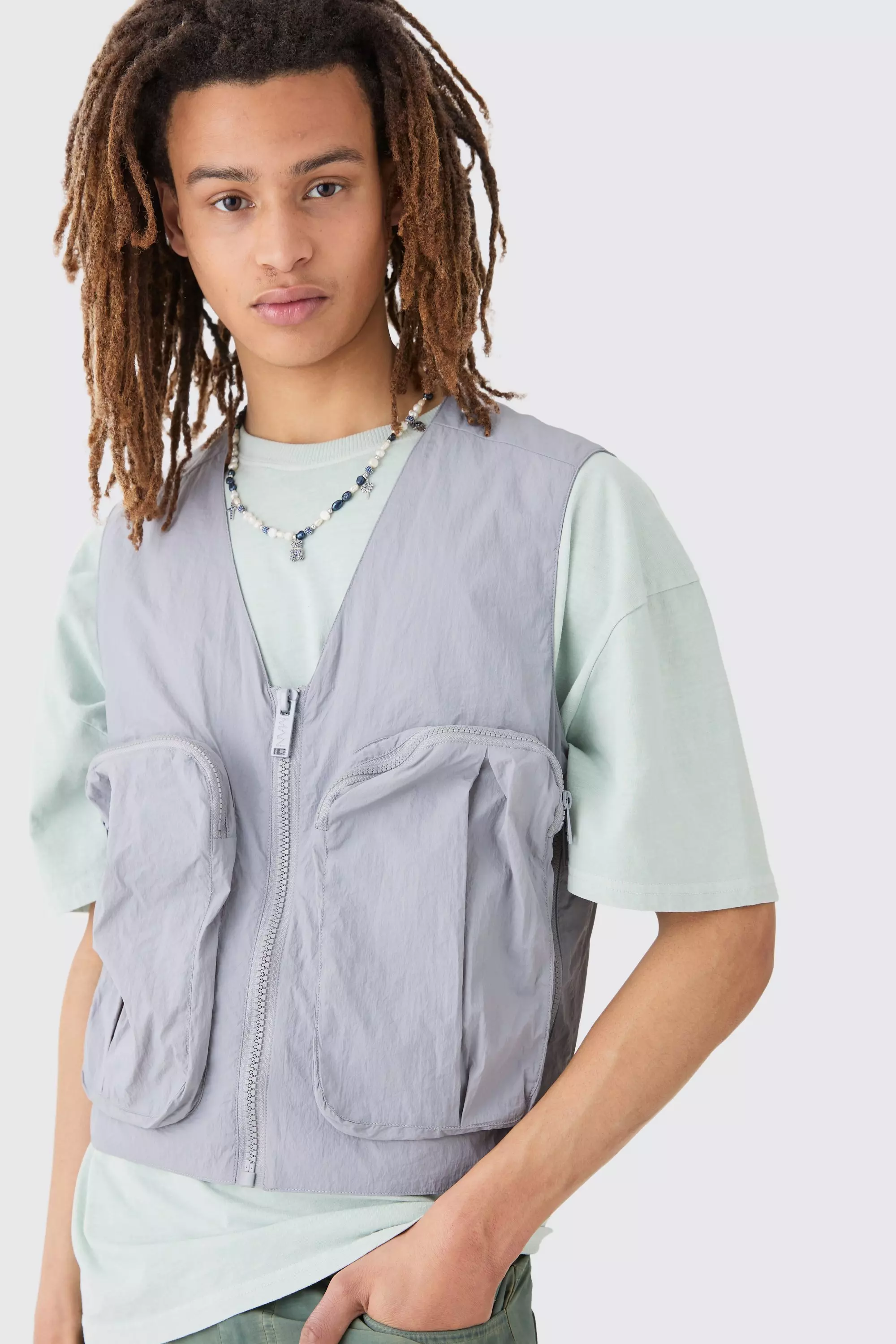 Boxy Fit Crinkle Nylon Vest Light grey