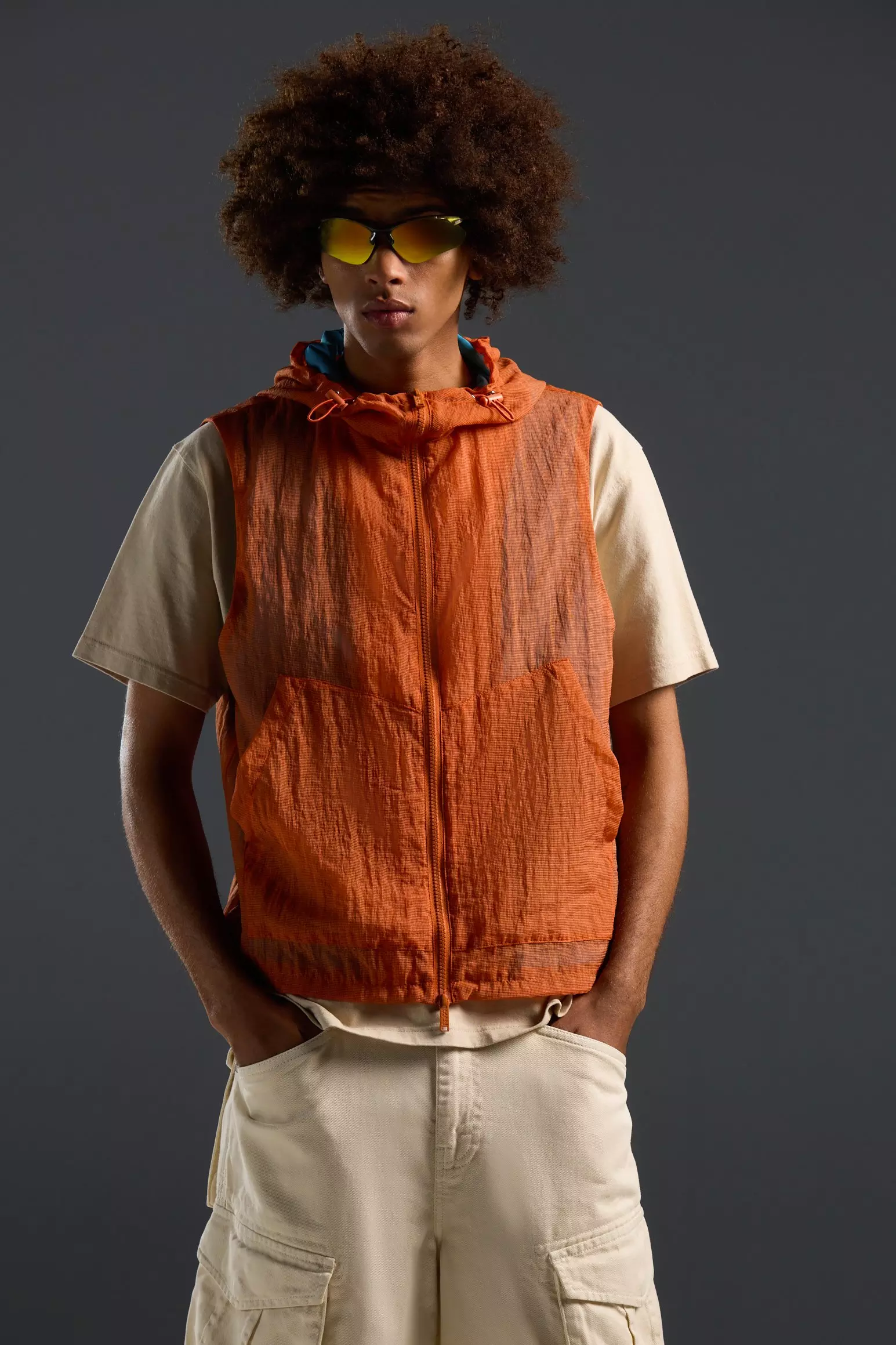 Orange Sheer Ripstop Hooded Utility Vest