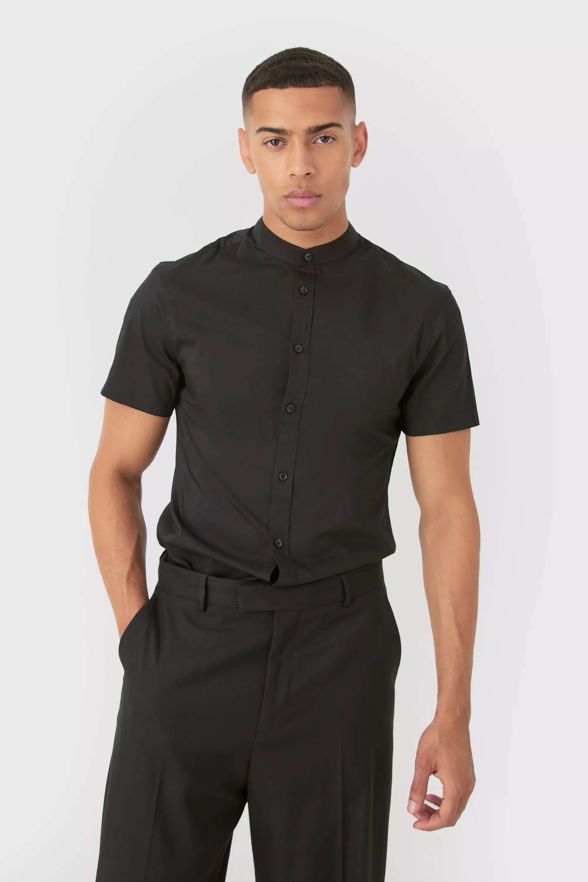 Short Sleeve Grandad Collar Slim Fit Shirt Black