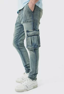 Blue Mens Tall Skinny Fit Worker Detail Cargo Jeans