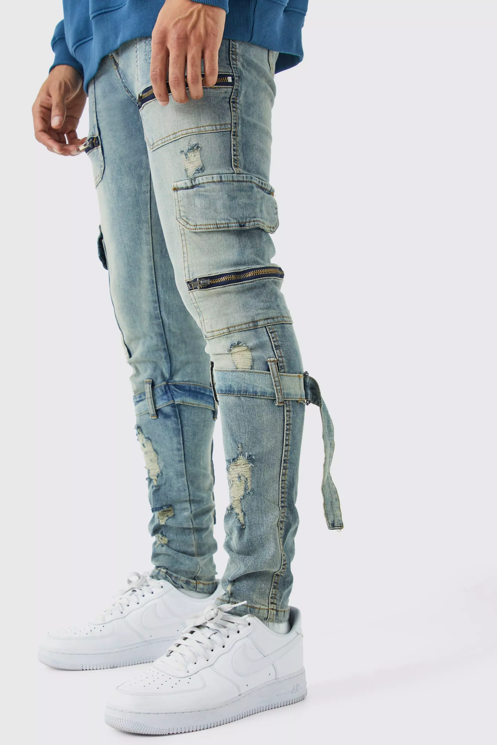 Skinny Stretch Zip Multi Strap Cargo Jeans Antique blue