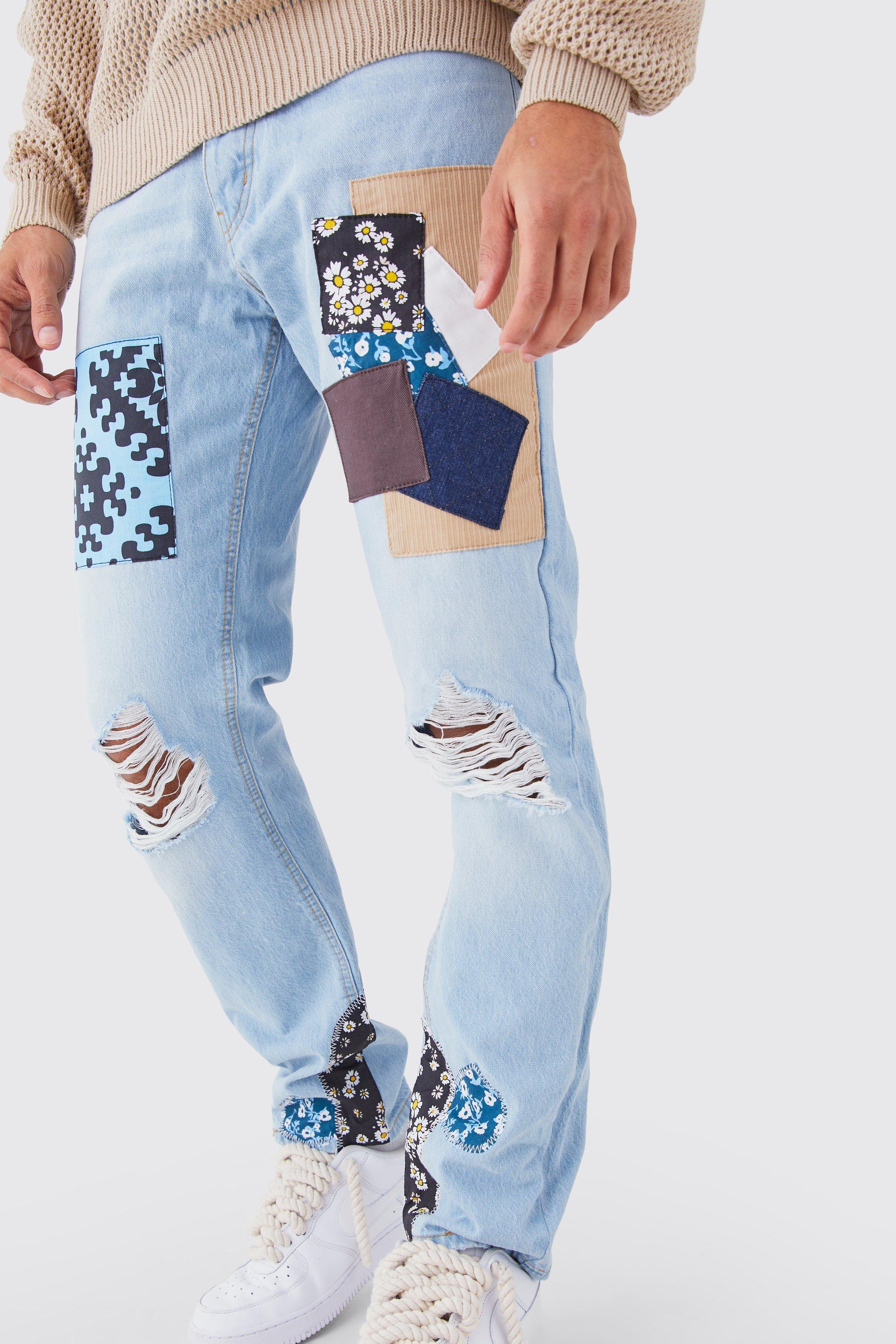 Men's Designer Jeans Stoned with Chain Ice Blue