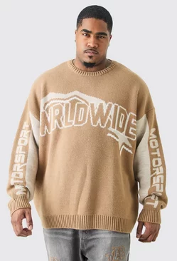 Plus Oversized Knitted Wrldwide Drop Shoulder Jumper In Taup Taupe
