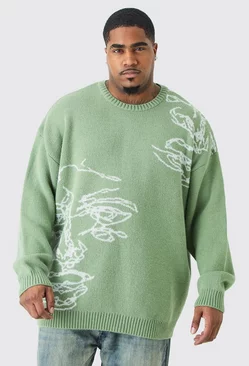 Green Plus Oversized Knitted Line Drawing Drop Shoulder Jumper