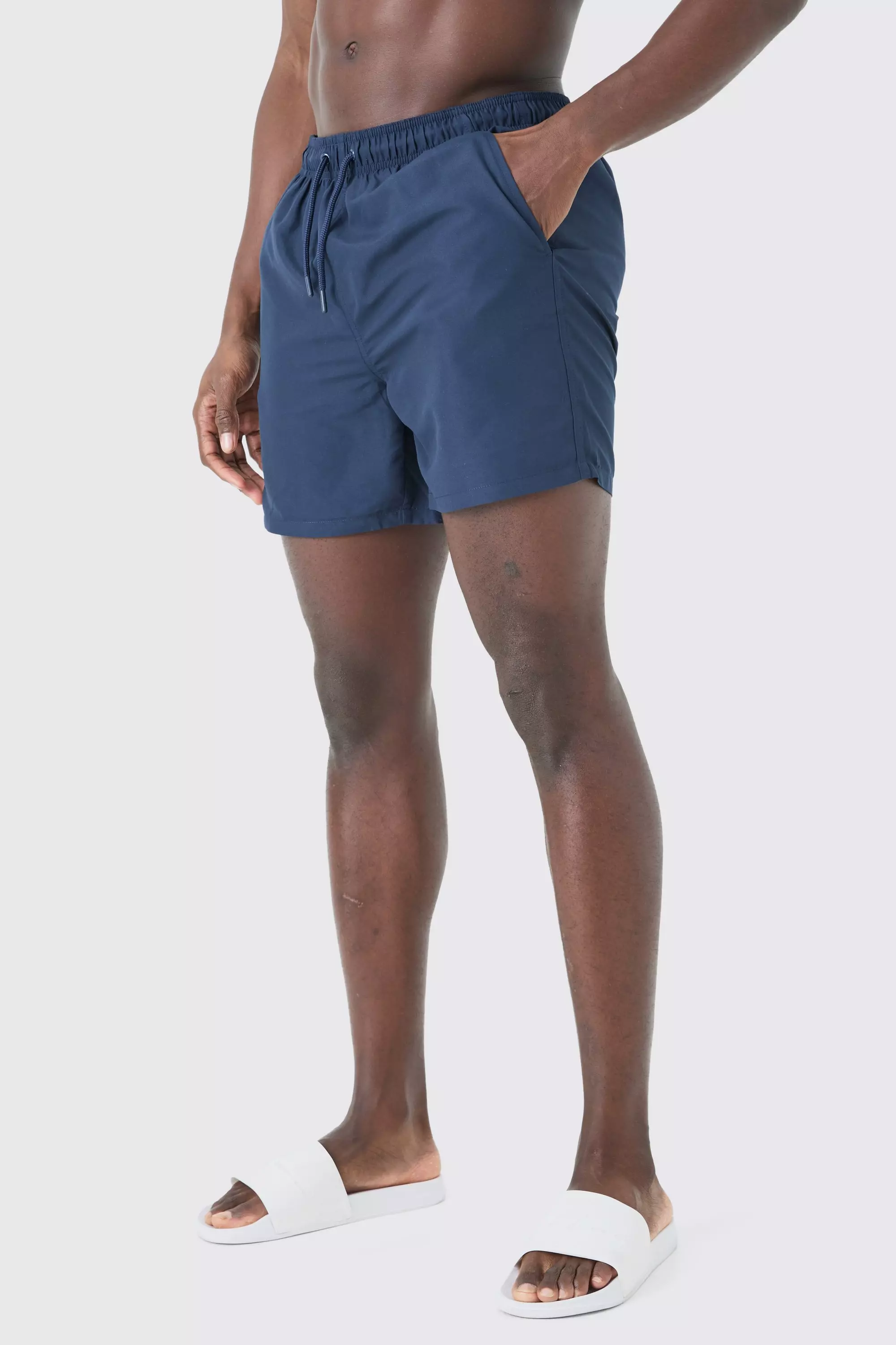 Plain Mid Length Swim Trunks Navy