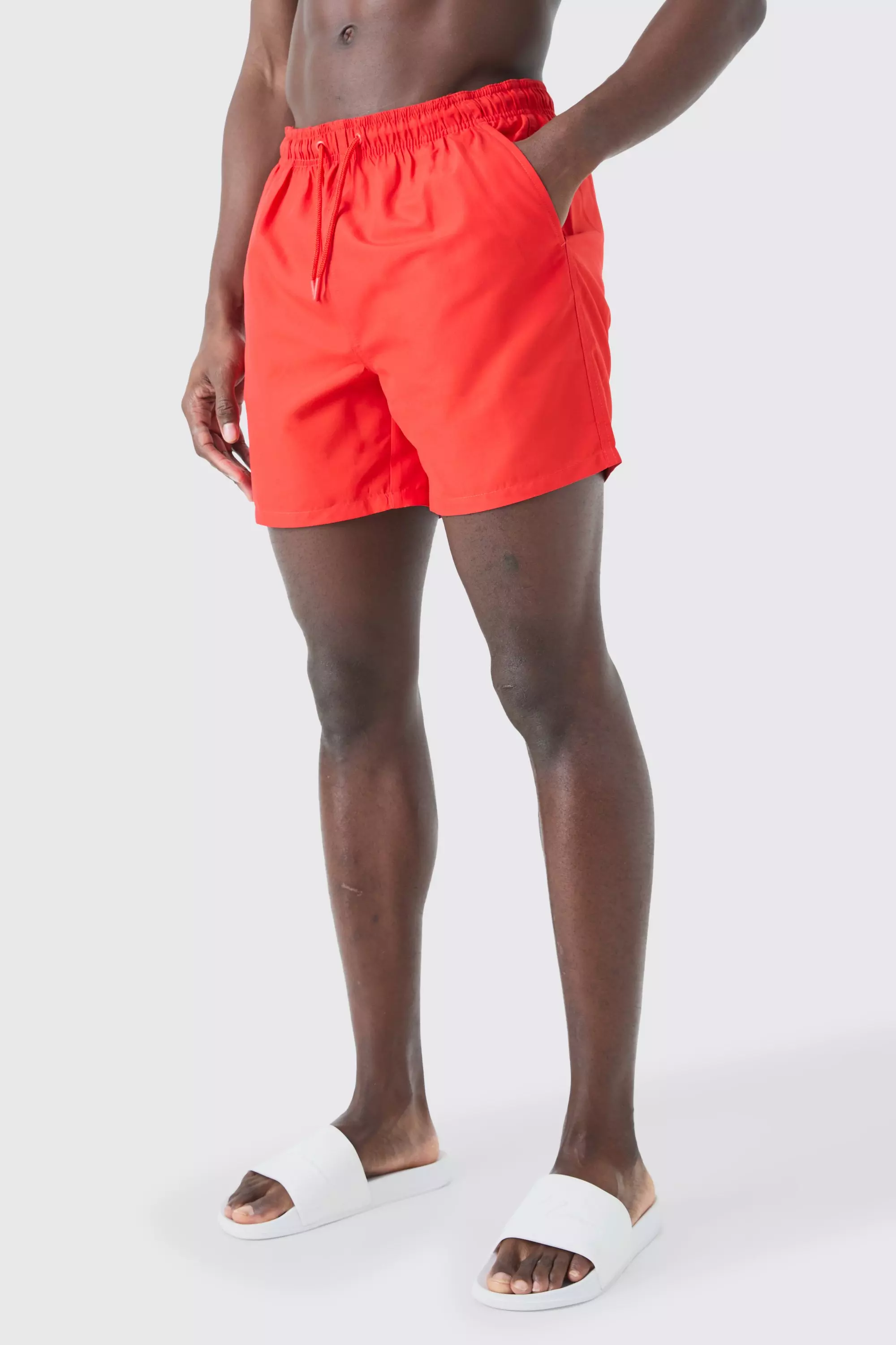 Plain Mid Length Swim Trunks Red