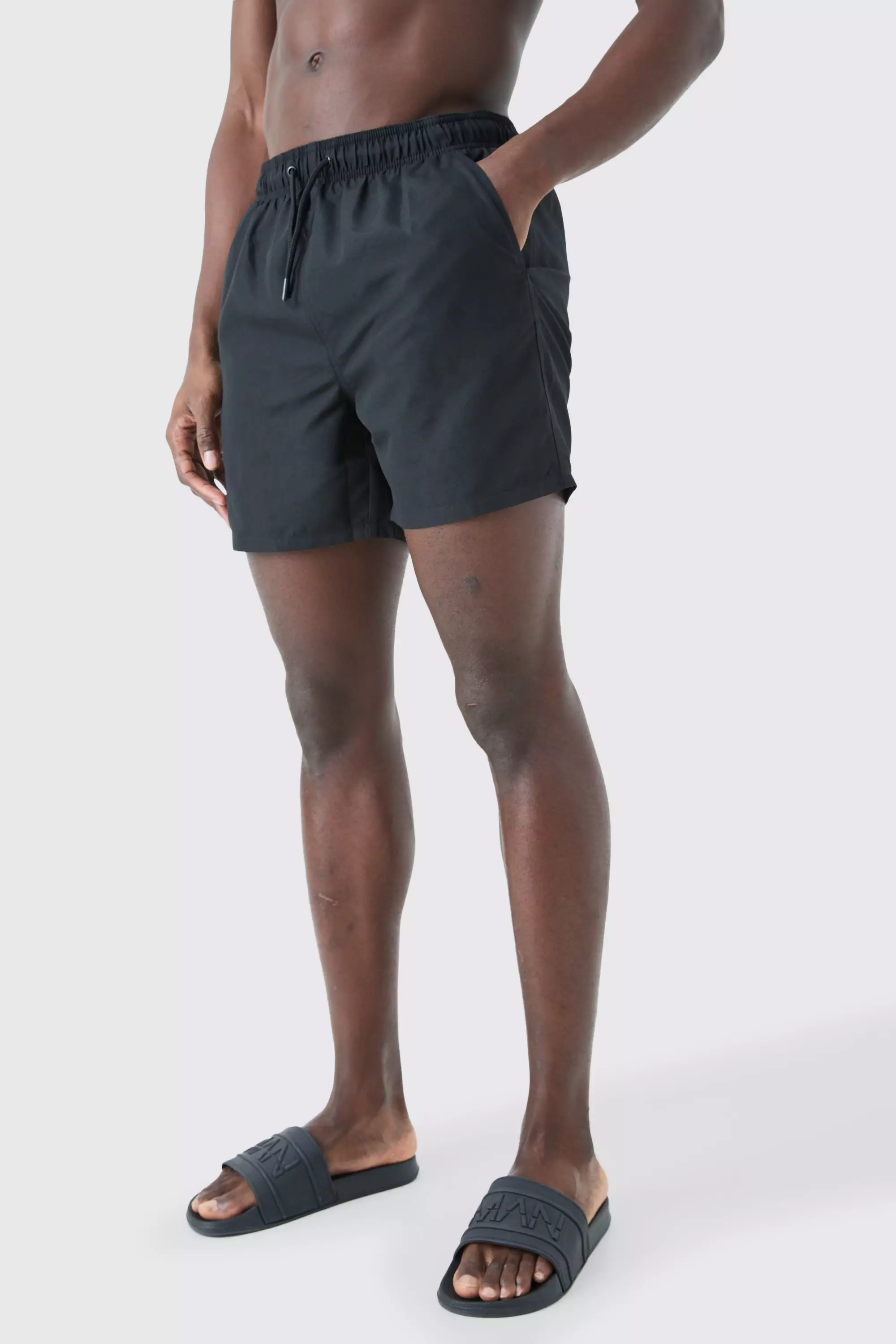 Plain Mid Length Swim Trunks Black