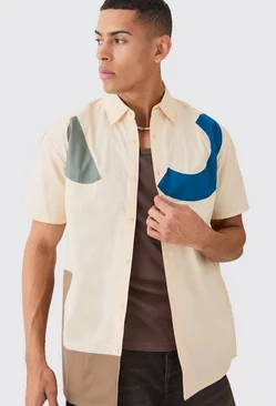 Short Sleeve Oversized Poplin Shapes Applique Shirt Ecru