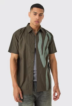 Short Sleeve Oversized Poplin Stripe Applique Shirt Olive