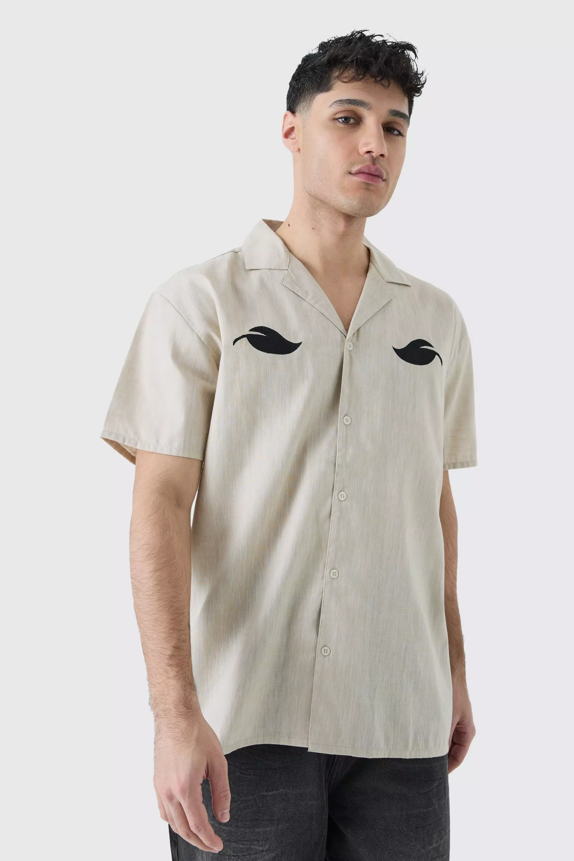 Natural Oversized Linen Look Leaf Embroidered Shirt alternative image