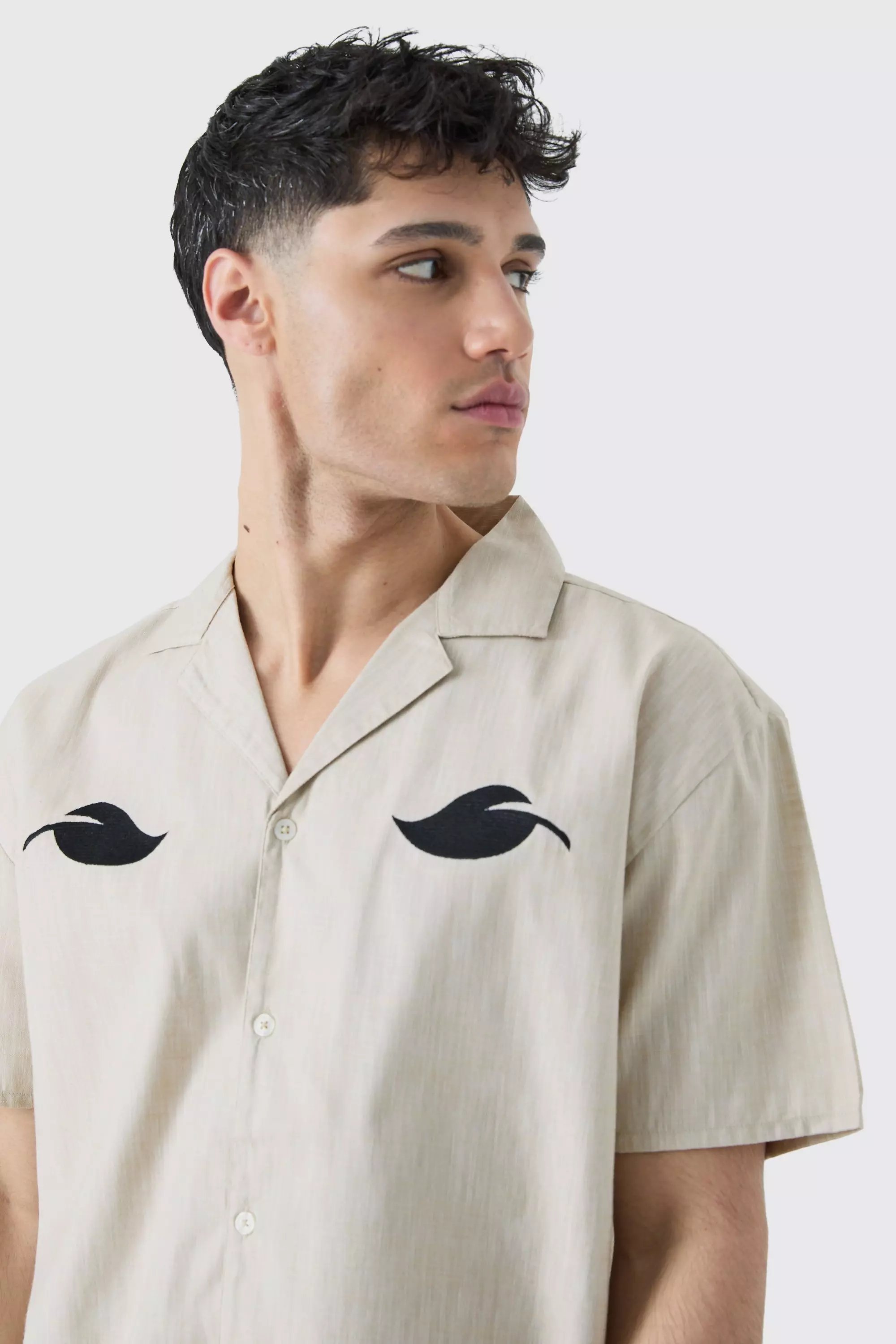 Natural Oversized Linen Look Leaf Embroidered Shirt alternative image
