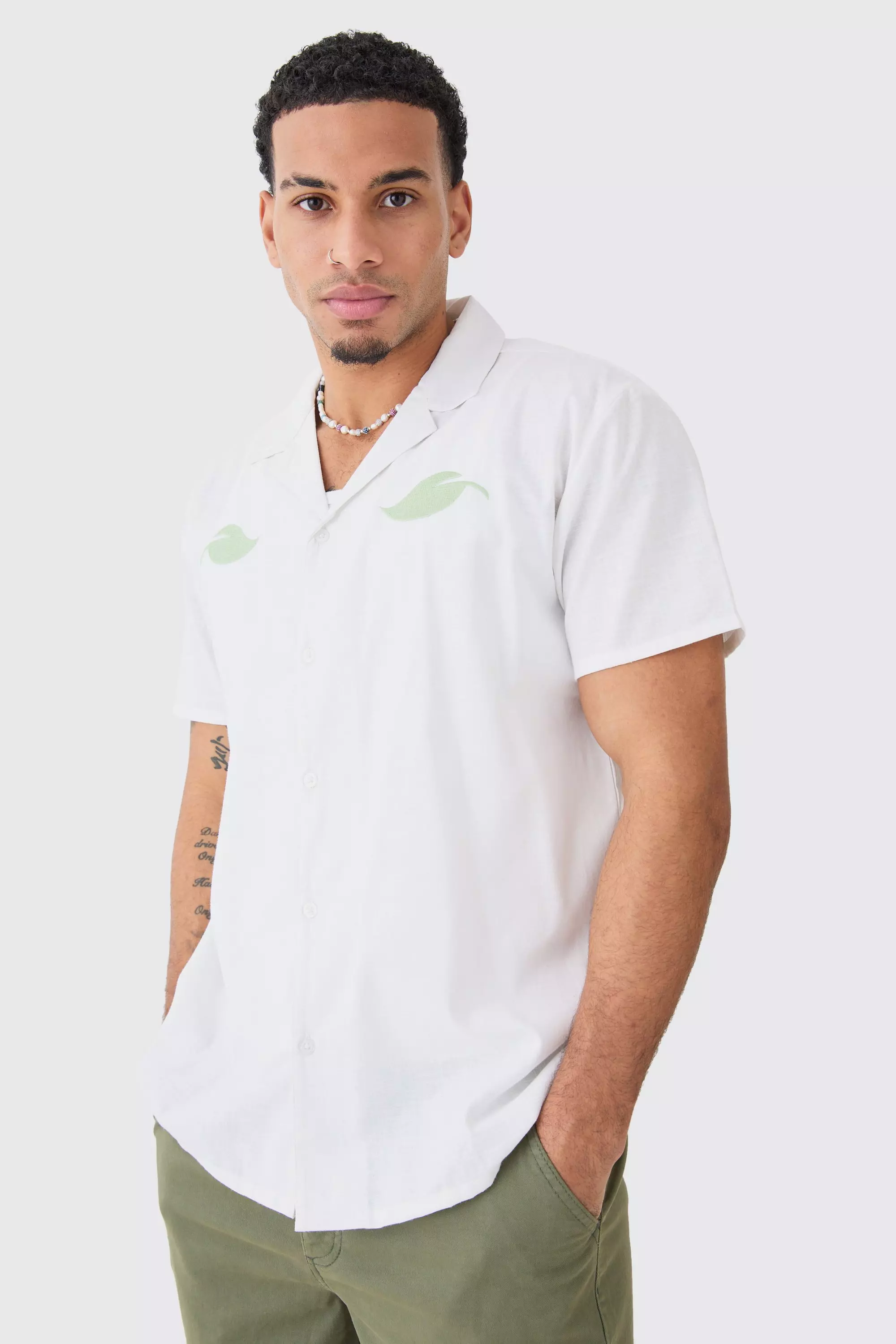 White Oversized Linen Look Leaf Embroidered Shirt alternative image