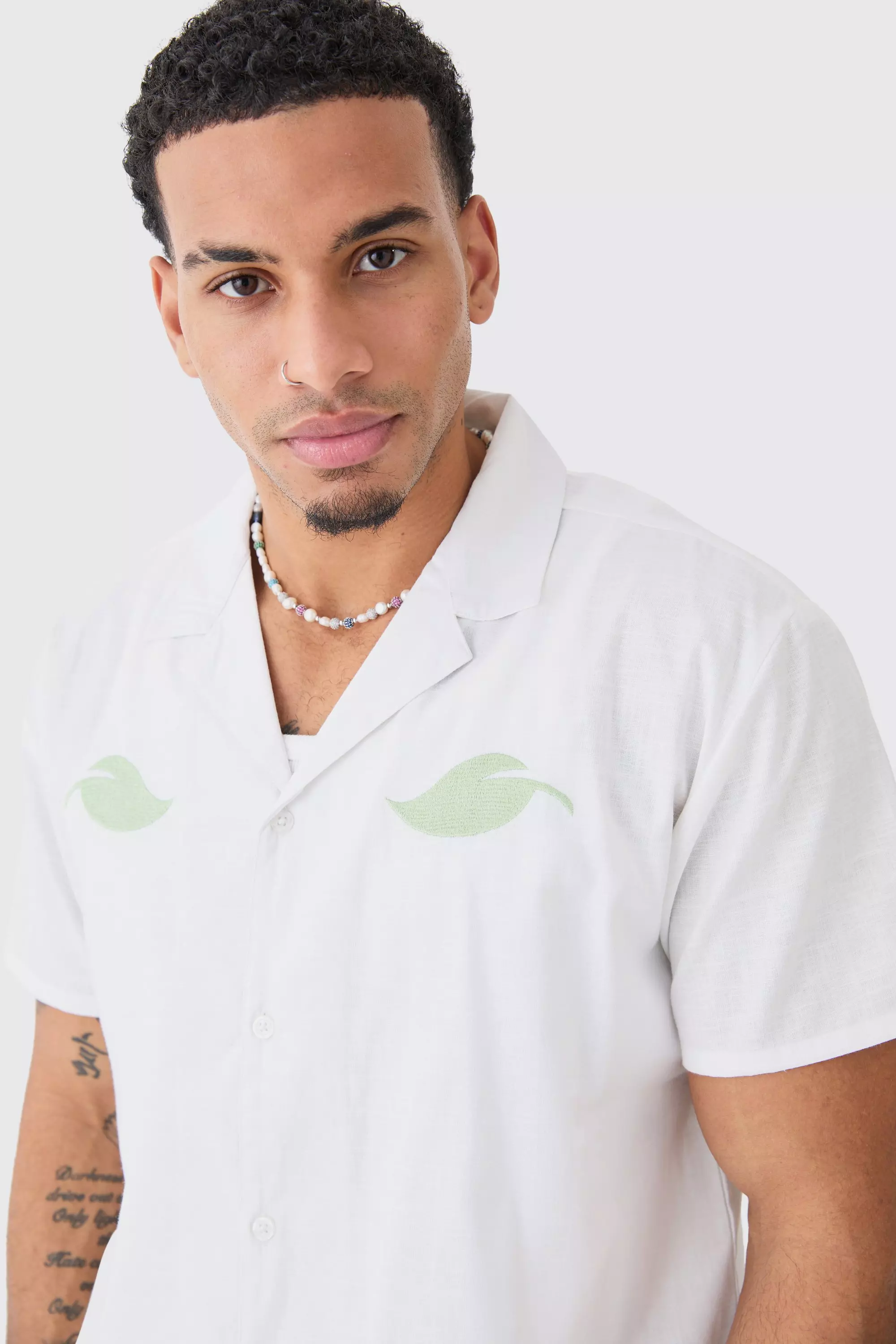 White Oversized Linen Look Leaf Embroidered Shirt alternative image