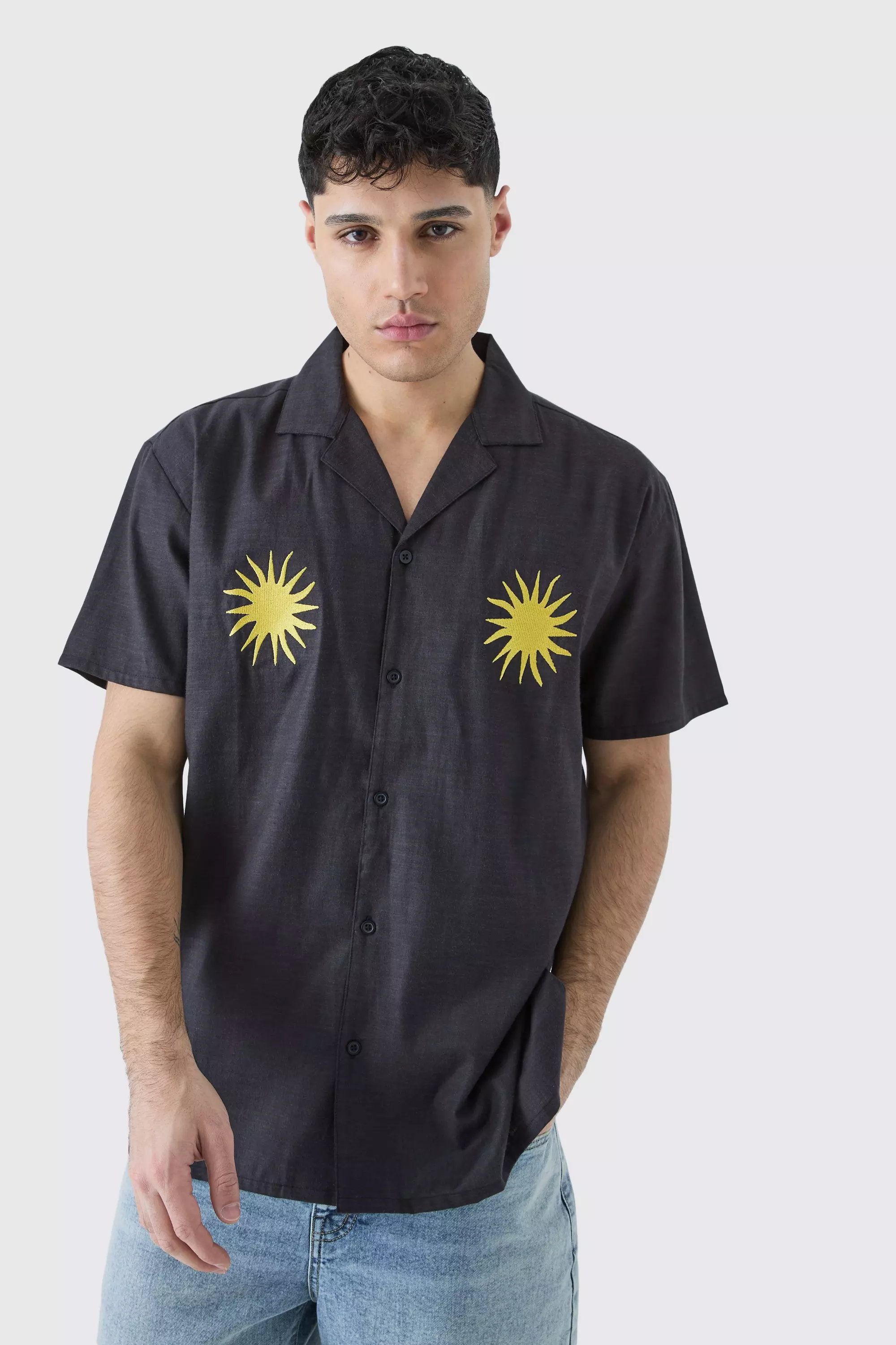 Oversized Linen Look Sun Embroidered Shirt Black