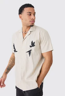 Oversized Linen Look Dove Embroidered Shirt Natural