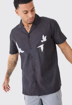 Oversized Linen Look Dove Embroidered Shirt Black