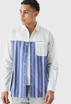Oversized Long Sleeve Poplin Panel Stripe Shirt Blue
