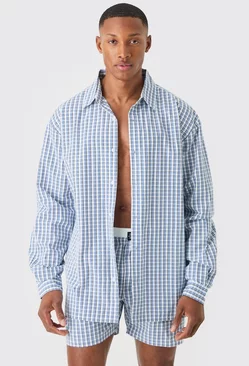 Long Sleeve Oversized Tab Stripe Shirt Blue