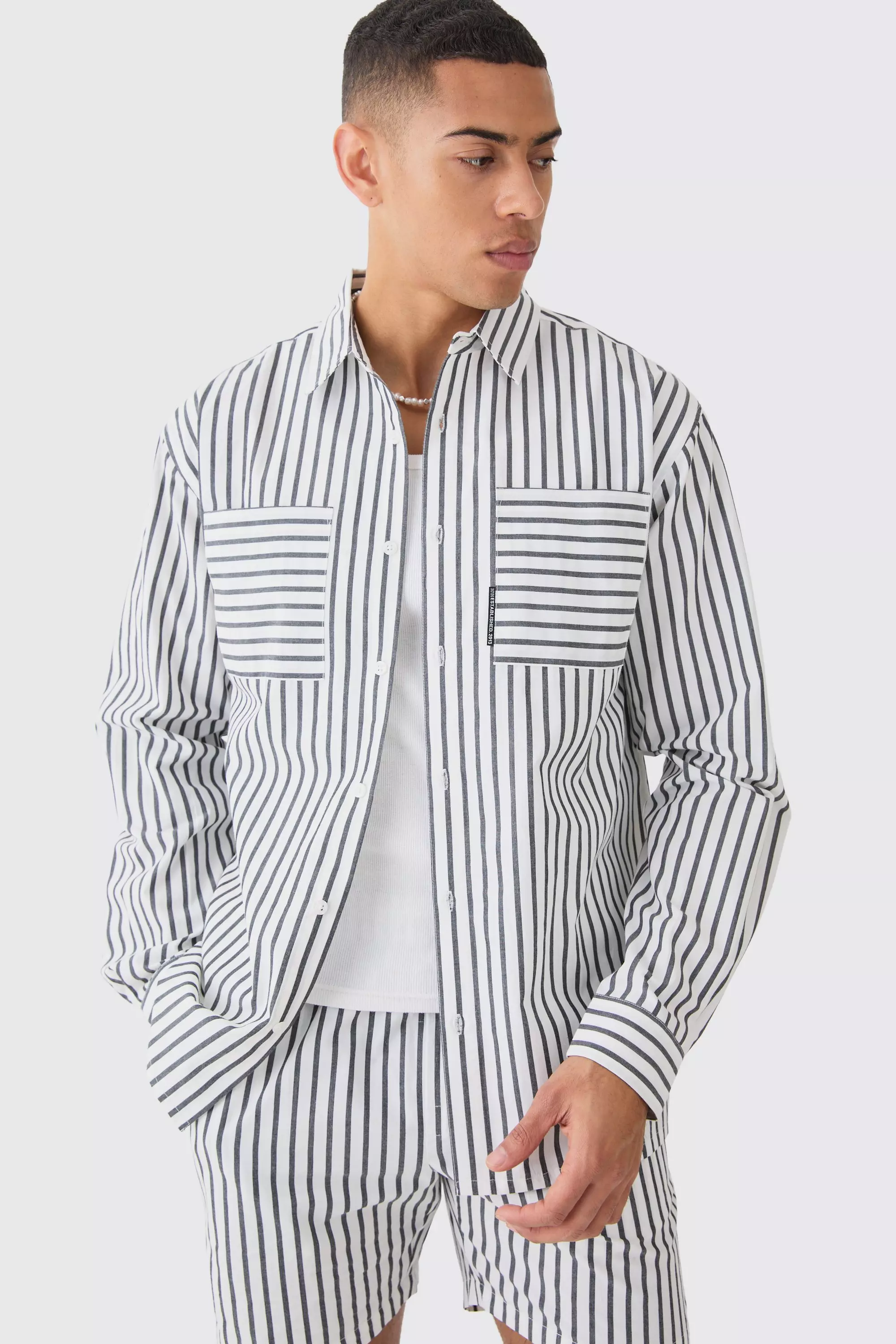 Long Sleeve Oversized Tab Stripe Shirt Grey