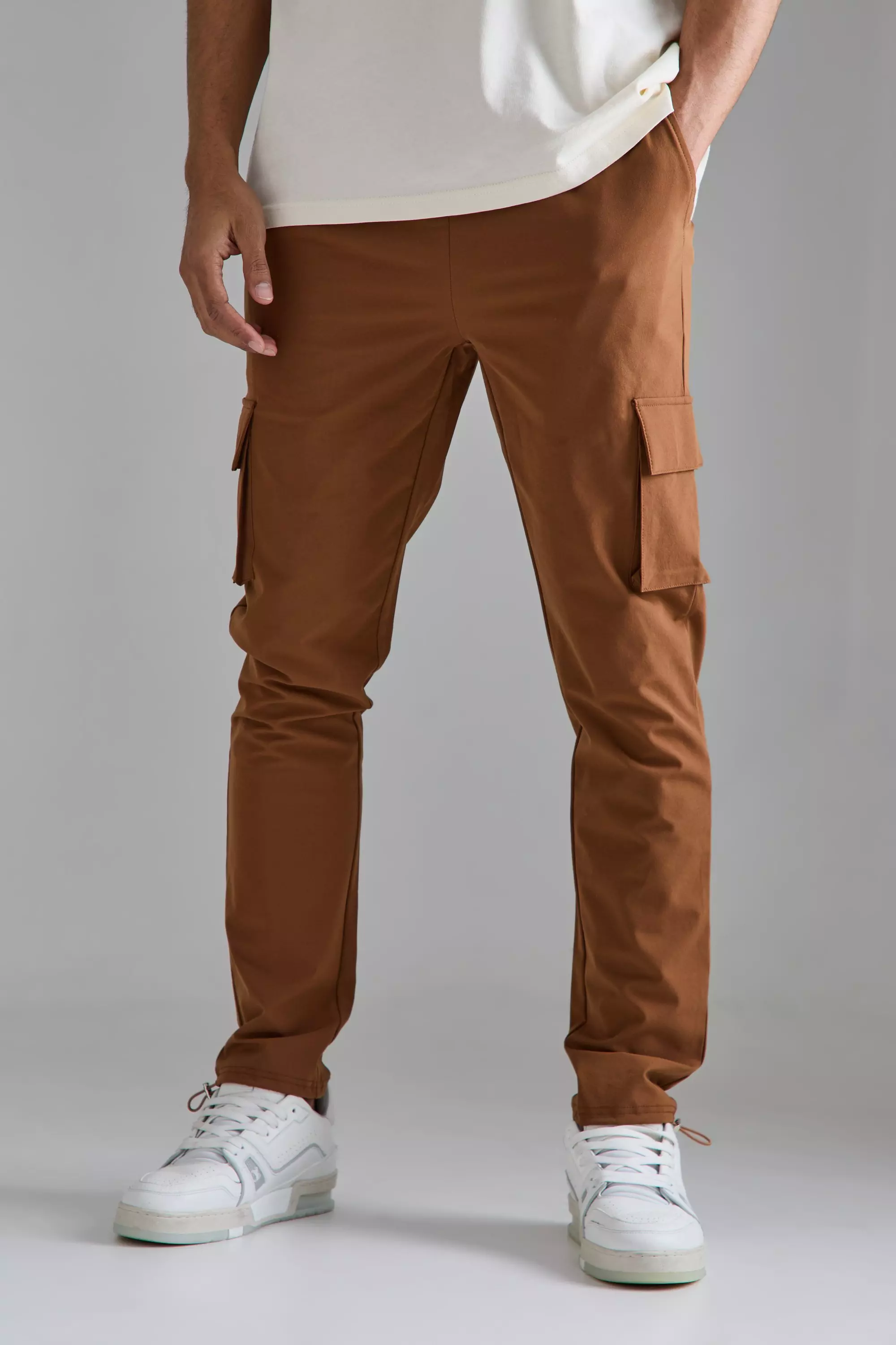 Elasticated Waist Skinny Stretch Cargo Pants Chocolate