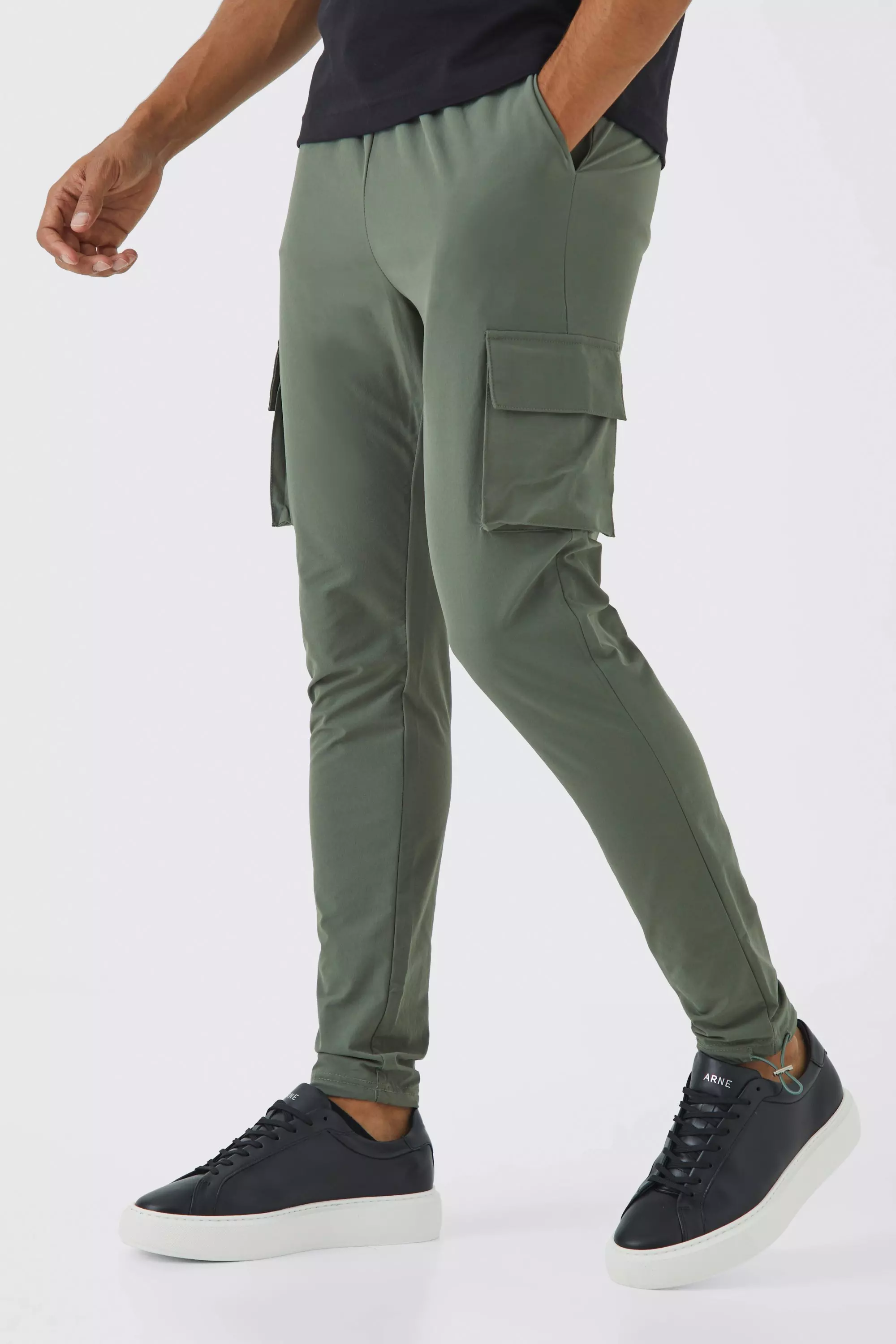 Elasticated Waist Technical Stretch Skinny Cargo Pants Khaki