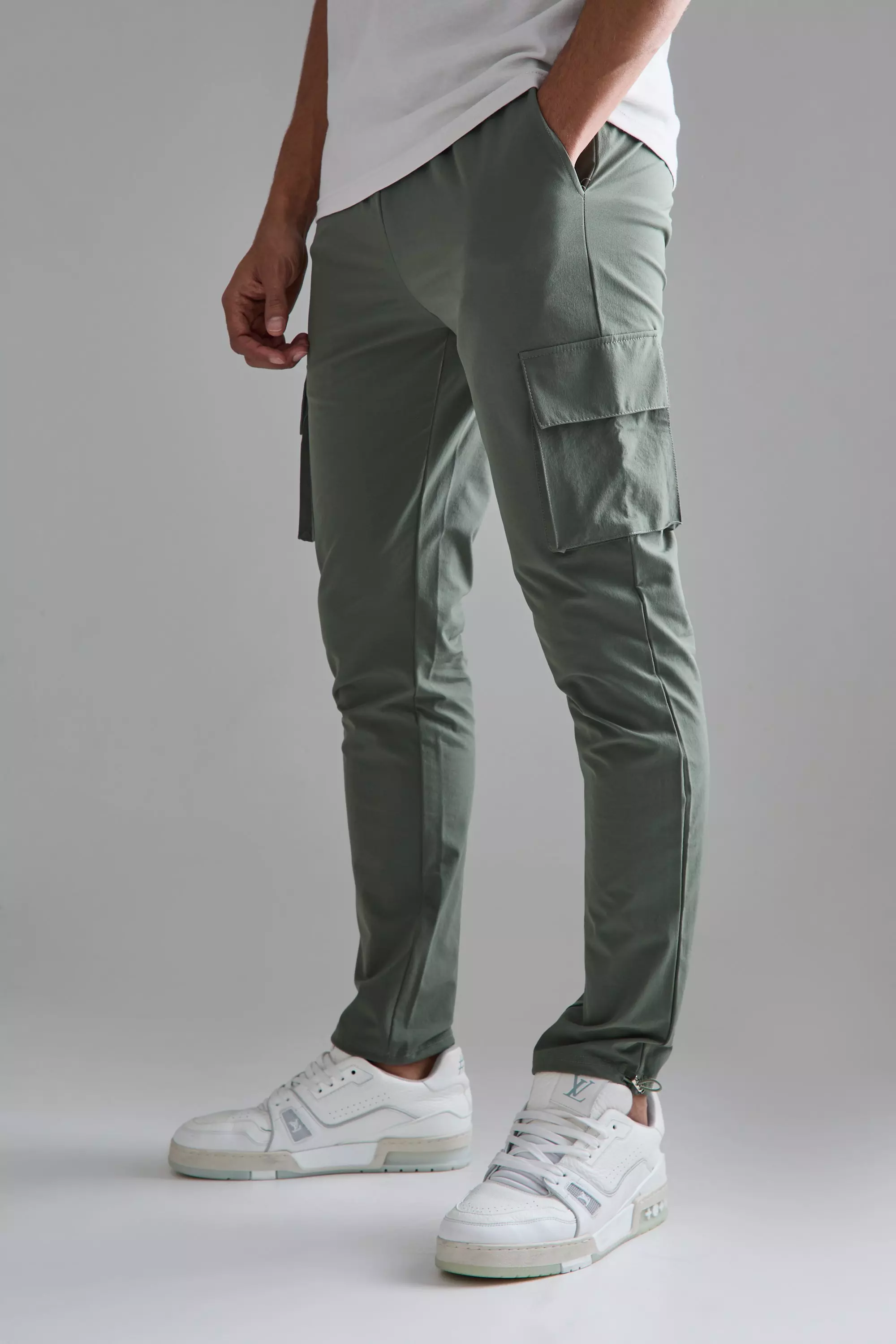 Khaki Elasticated Technical Stretch Skinny Cargo Pants