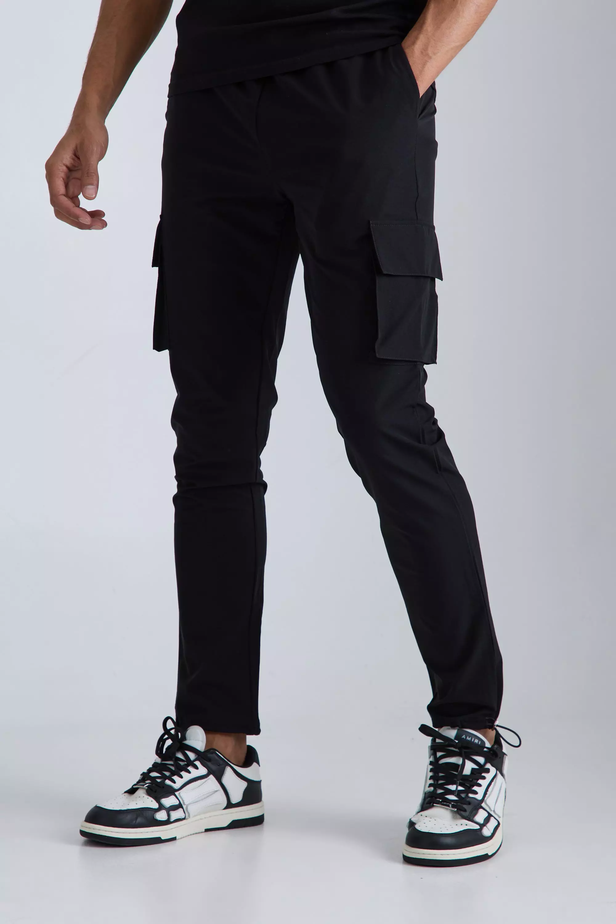 Elasticated Waist Technical Stretch Skinny Cargo Pants Black