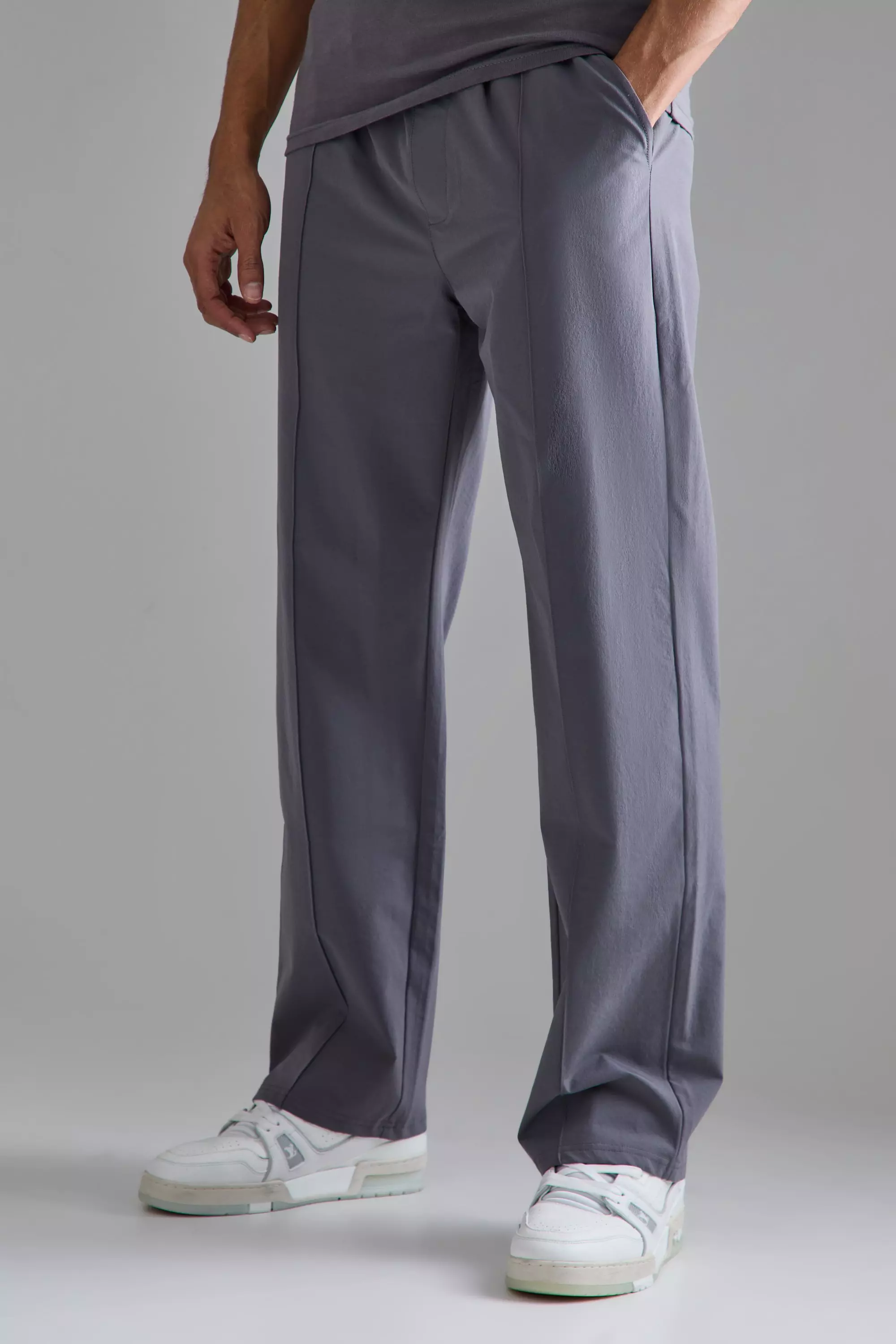 Charcoal Lichte Elastische Baggy Stretch Broek Met Biezen alternatieve afbeelding