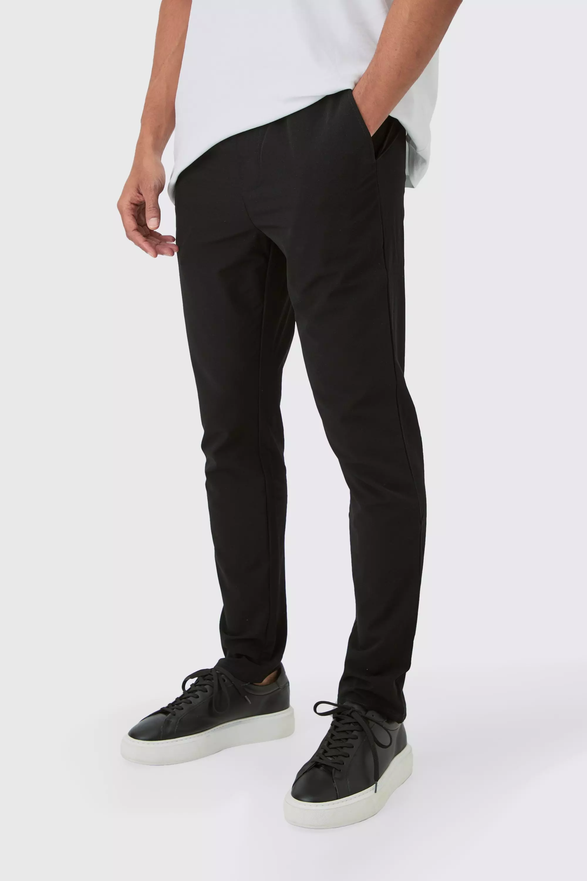 Black Elasticated Waist Technical Stretch Slim Pants