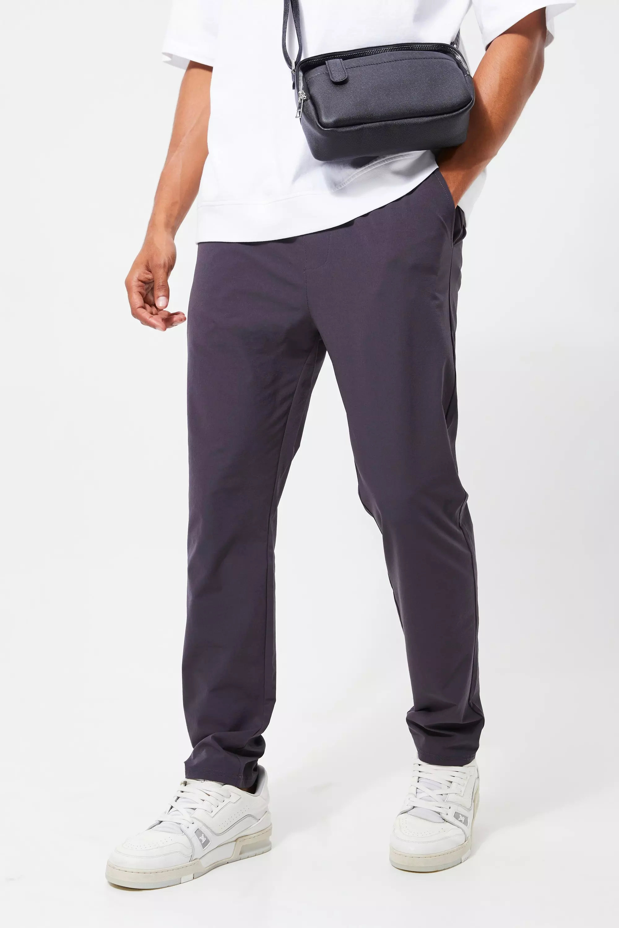 Charcoal Grey Elasticated Waist Technical Stretch Slim Pants