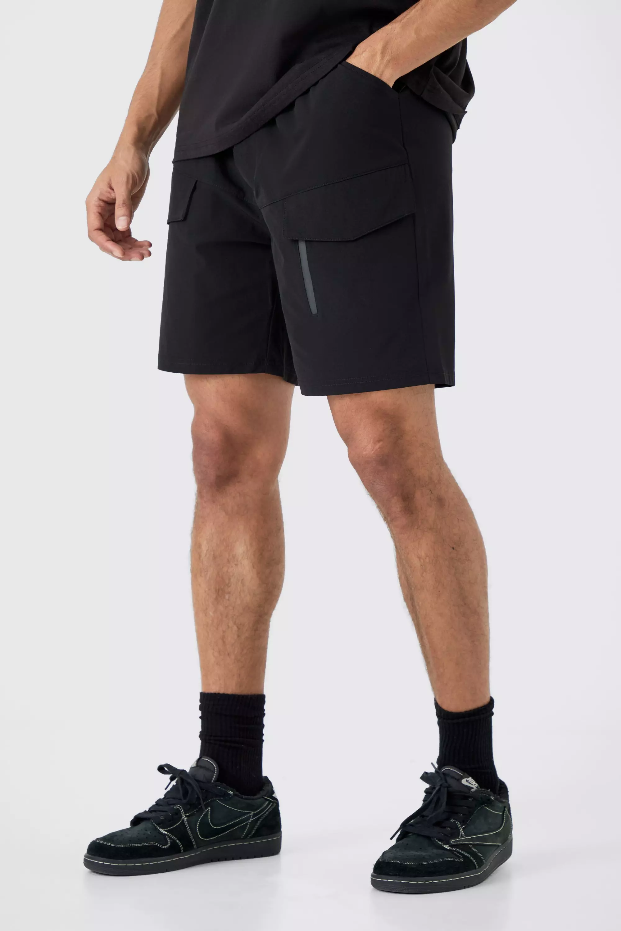 Elasticated Waist Relaxed Technical Stretch Cargo With Zip Black