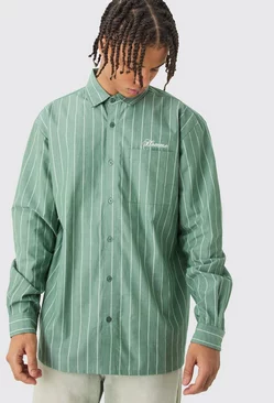 Long Sleeve Oversized Embroidered Stripe Shirt Green