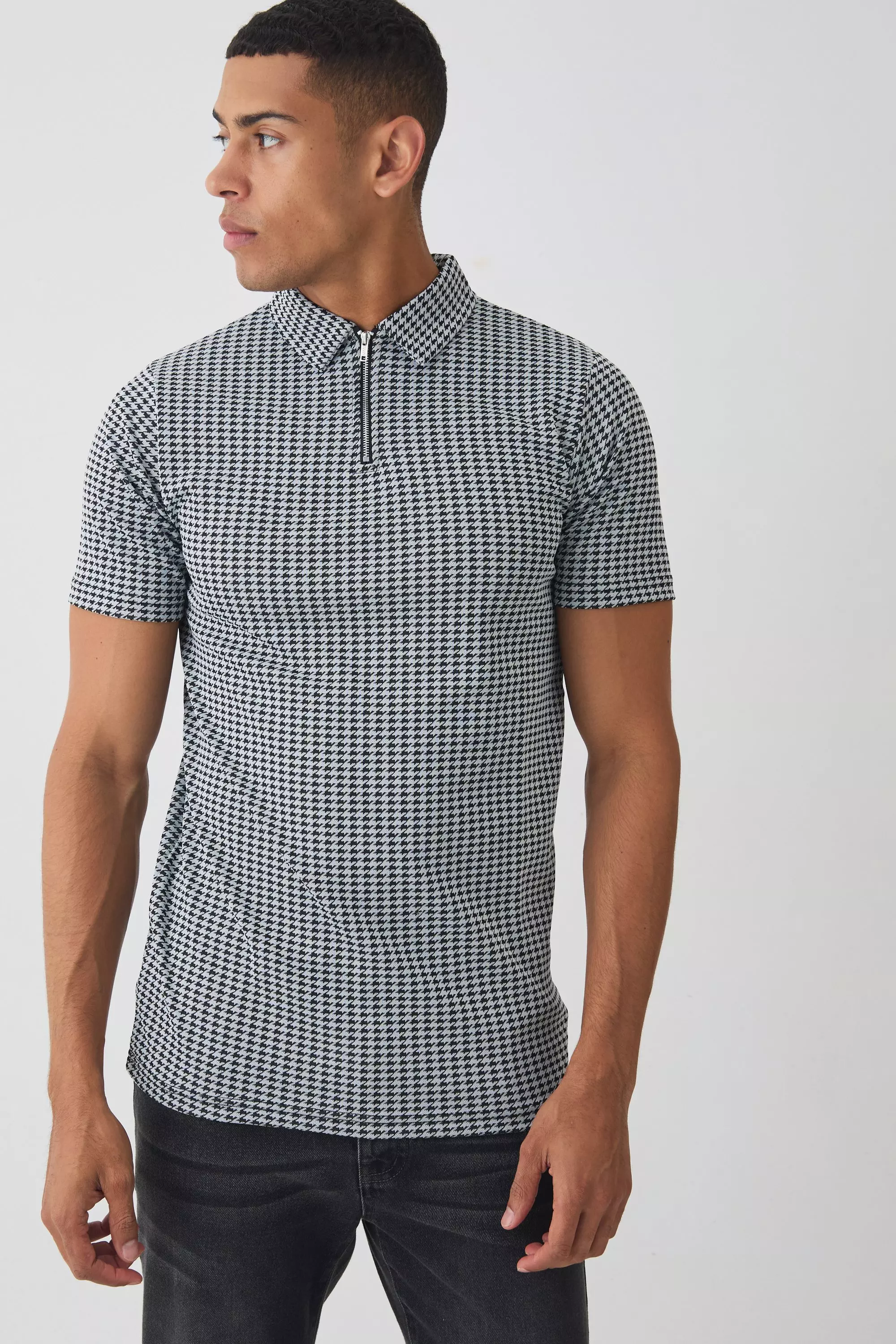 Black Slim Fit Houndstooth 1/4 Zip Polo alternative image
