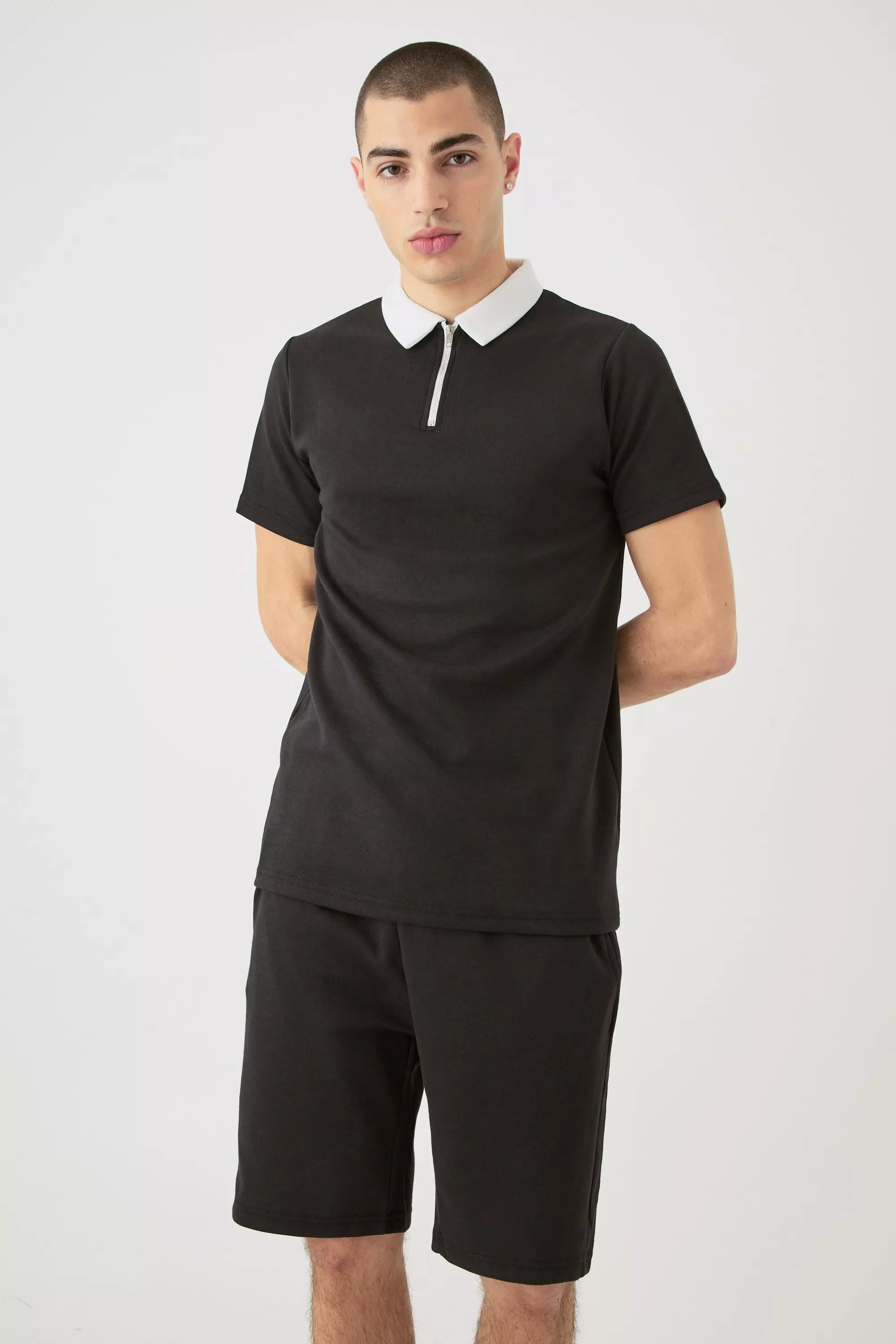 Slim Fit 1/4 Zip Polo And Short Set Black