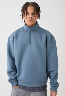 Oversized Boxy Quarter Zip Bonded Scuba Sweater slate blue