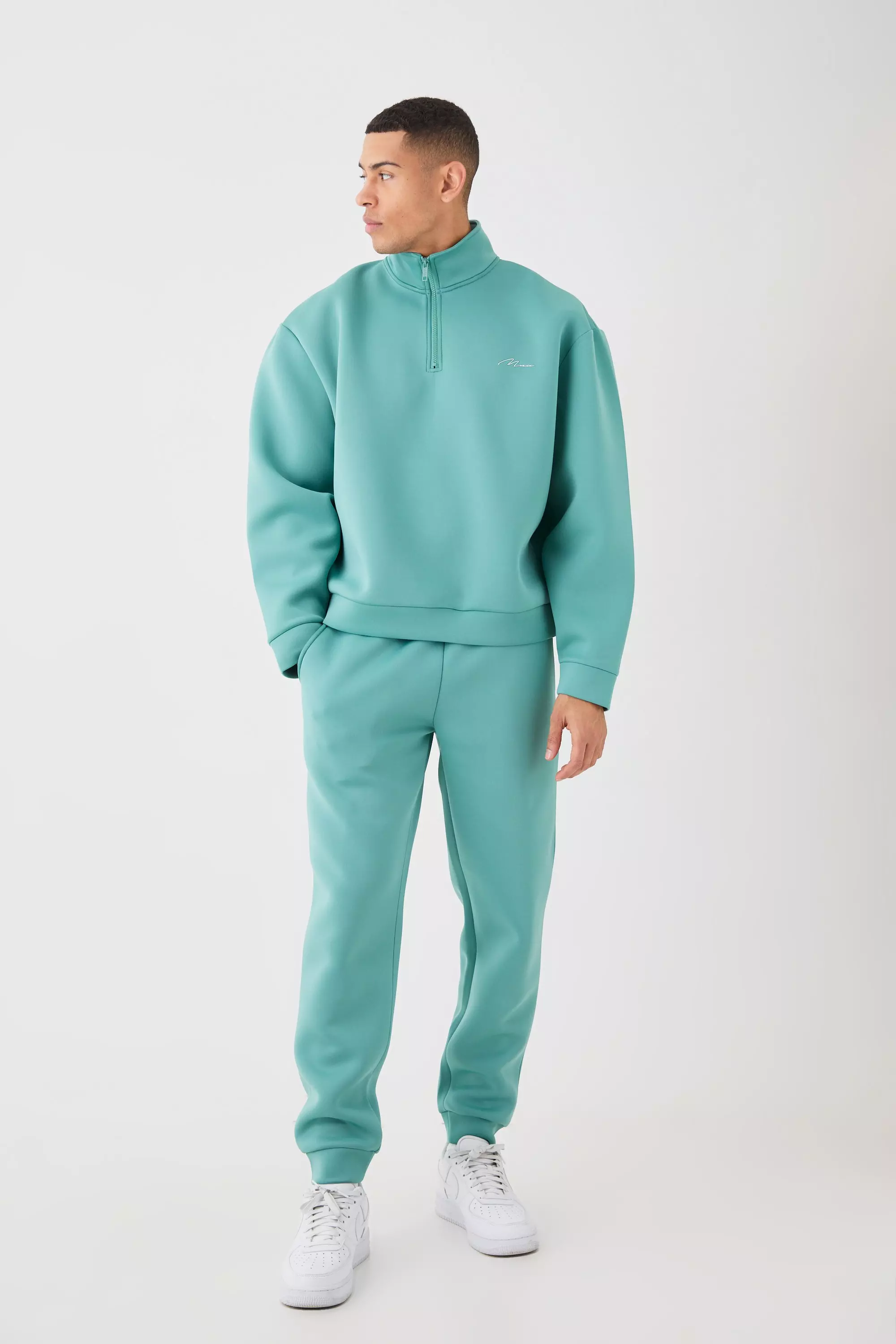 Man Oversized Boxy Quarter Zip Bonded Scuba Tracksuit Green