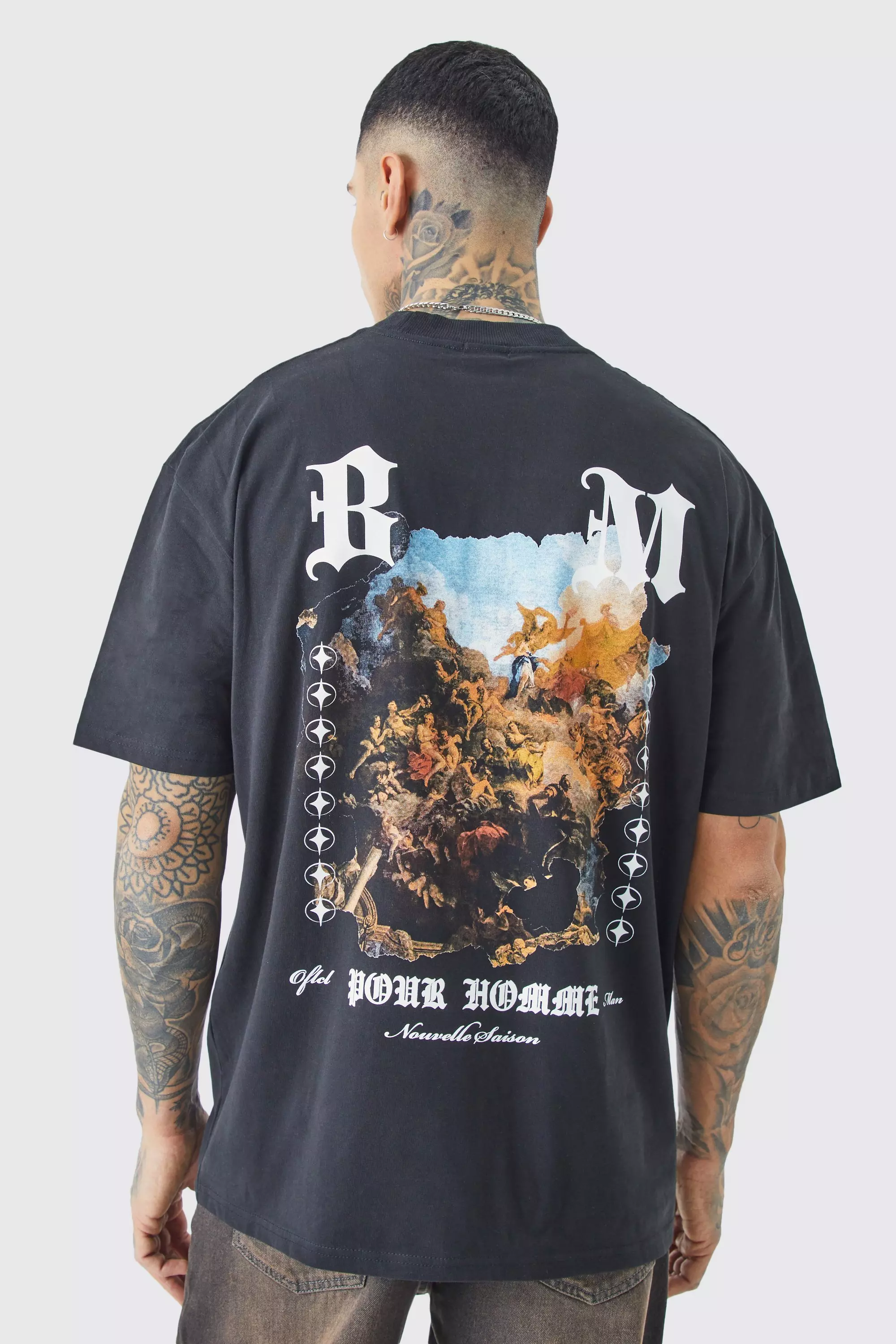 Black Tall Oversized Extended Neck Renaissance Back Print T-shirt