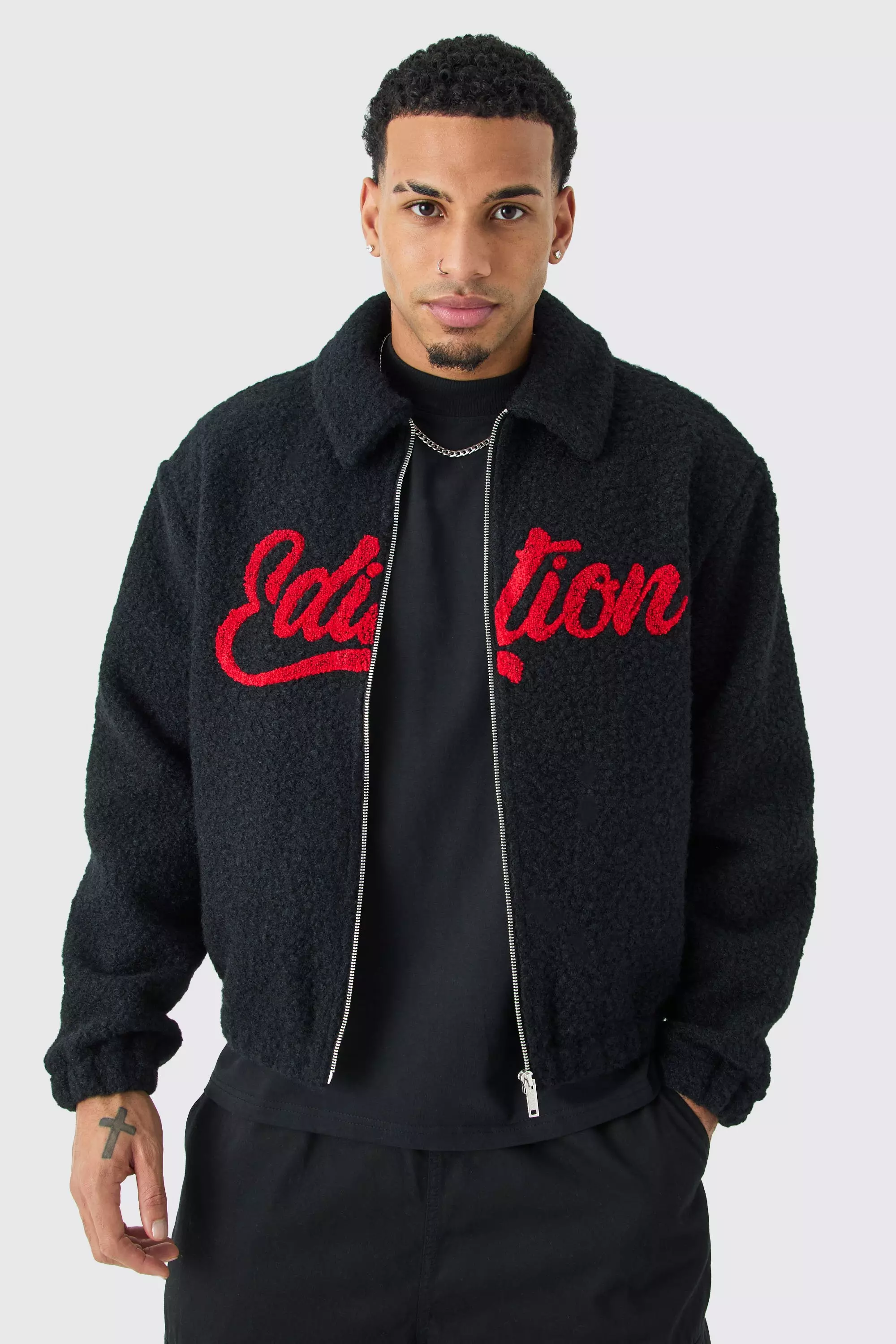 Oversized Boxy Boucle Borg Applique Bomber Jacket boohooMAN AU