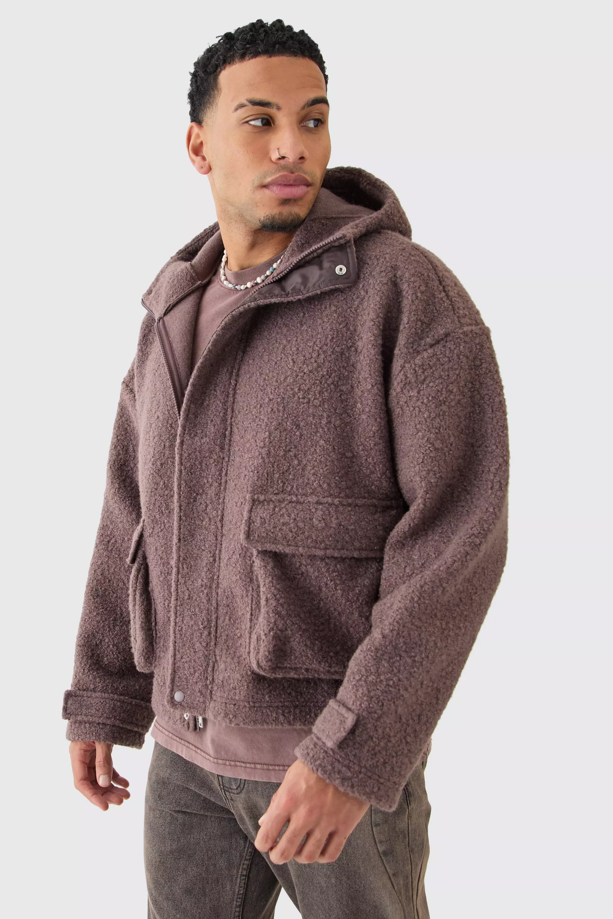 Oversized Boxy Boucle Borg Zip Thru Cargo Hoodie Brown