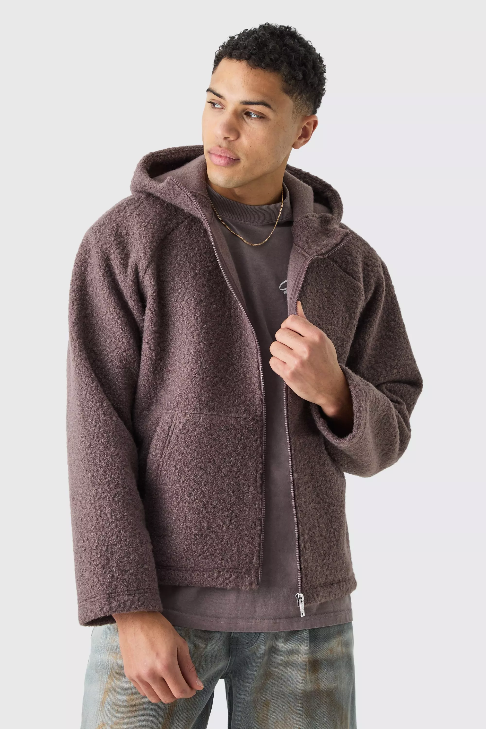 Brown Oversized Boxy Boucle Borg Zip Thru Hoodie