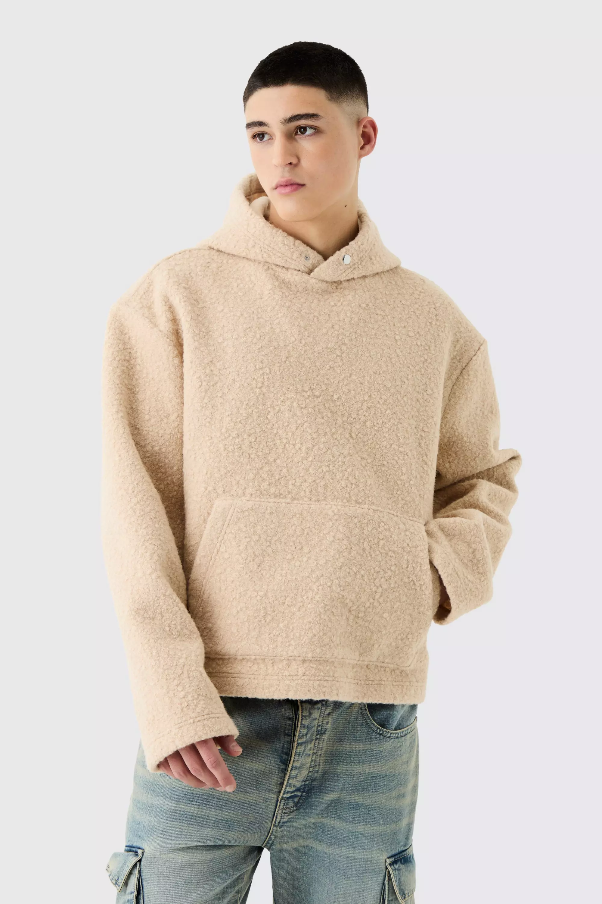 Beige Oversized Boxy Boucle Borg Hoodie