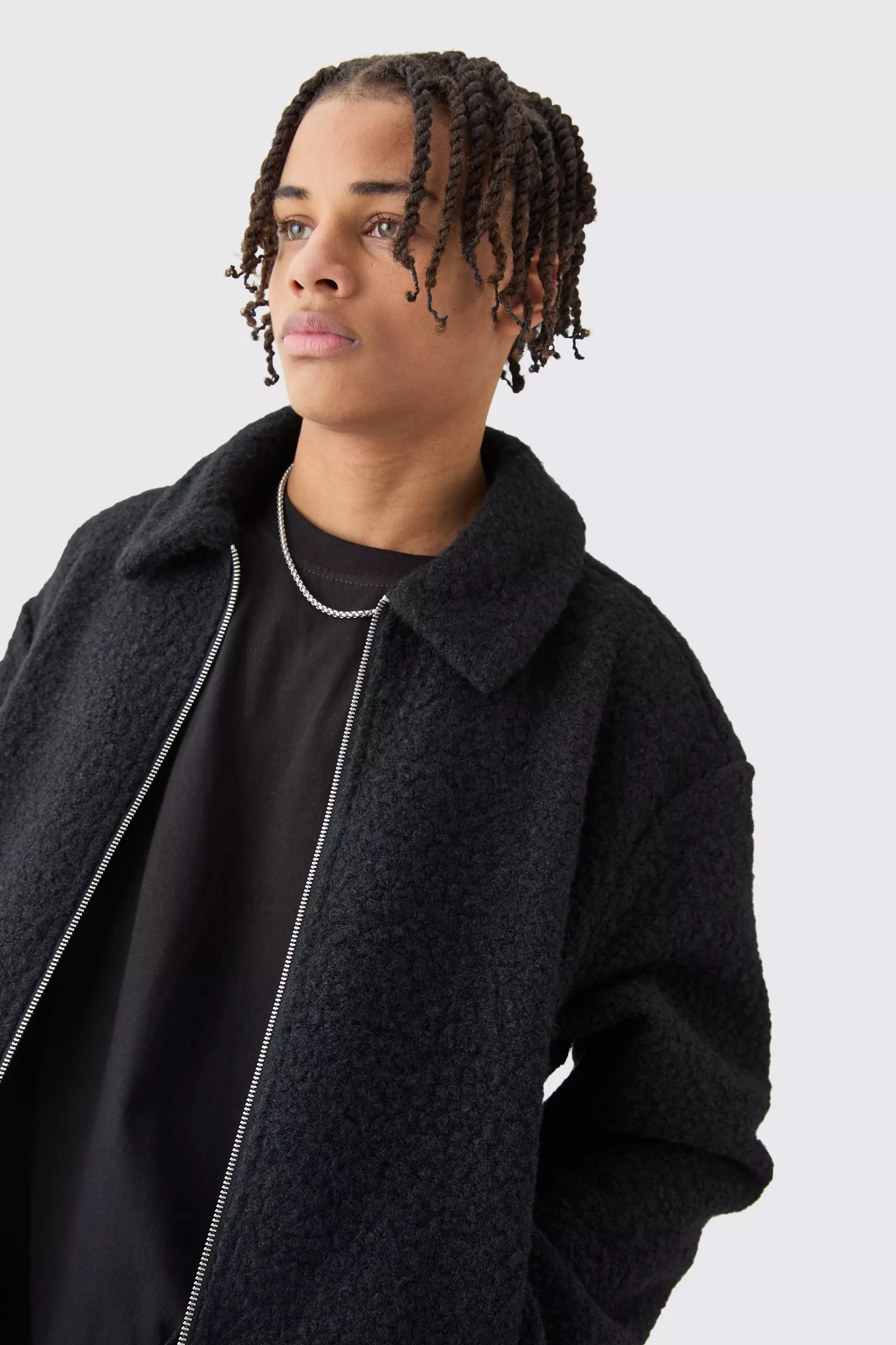 Black Oversized Boxy Boucle Borg Bomber Jacket