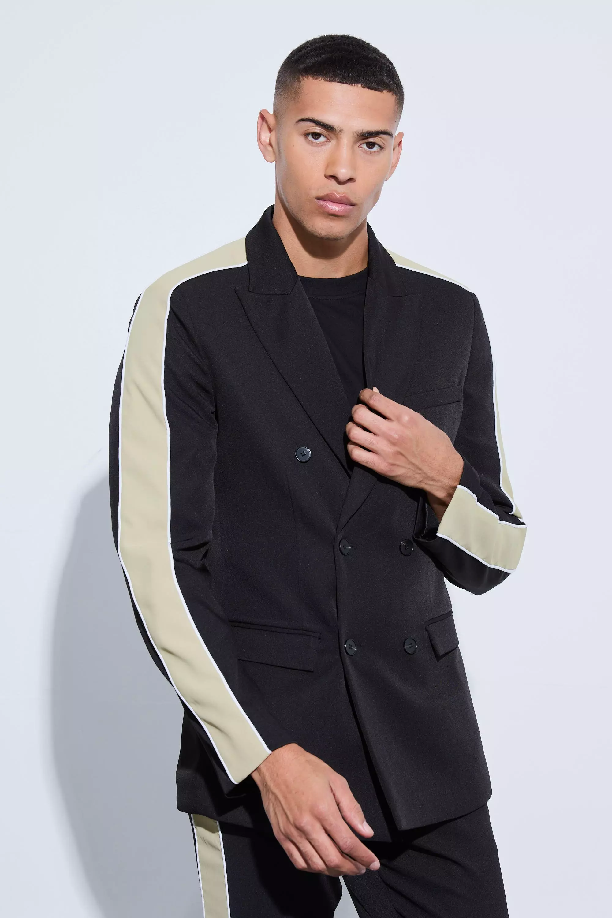 Black Sports Stripe Double Breasted Blazer