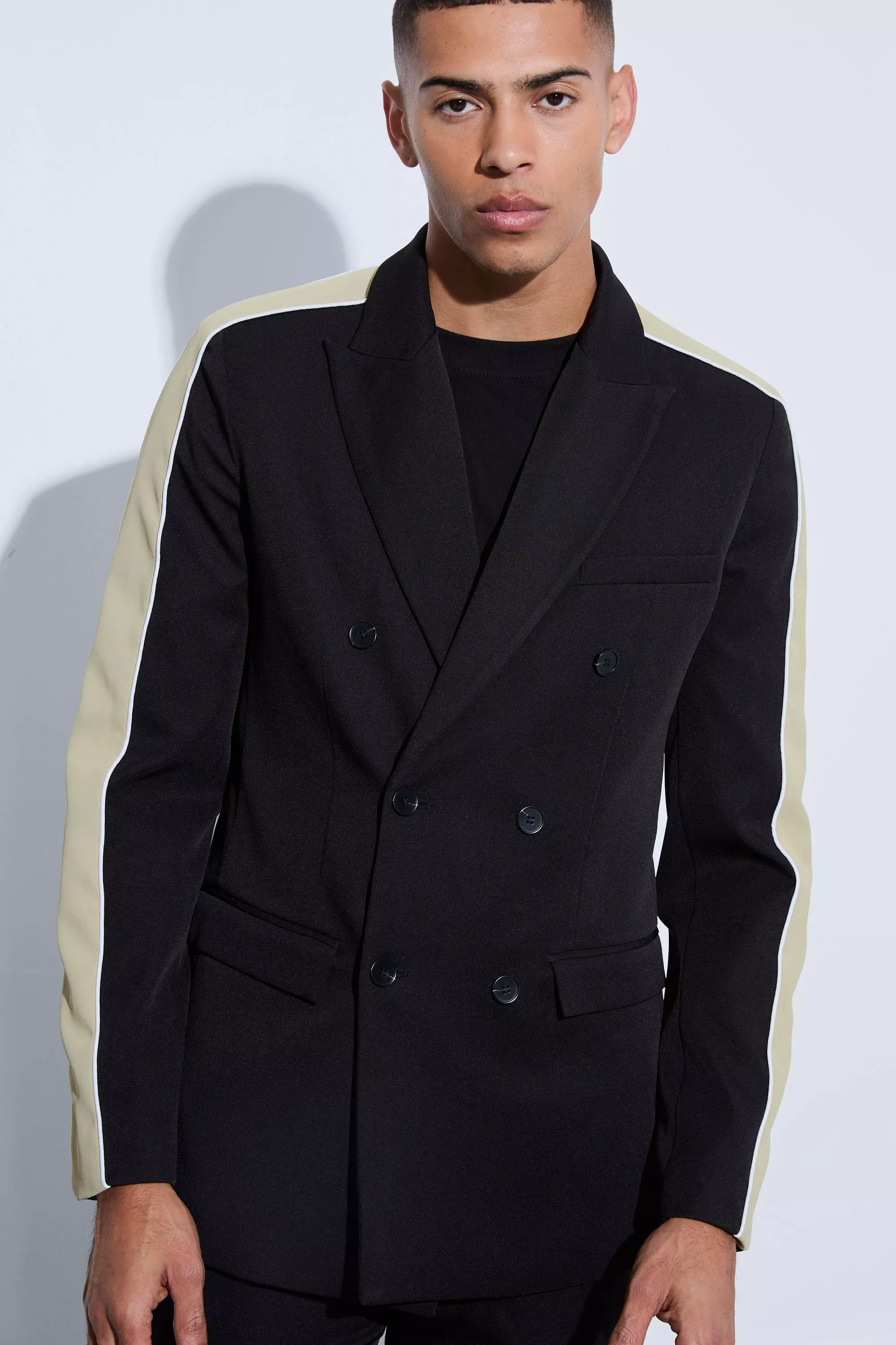 Black Contrast Panel Double Breasted Relaxed Fit Blazer alternative image