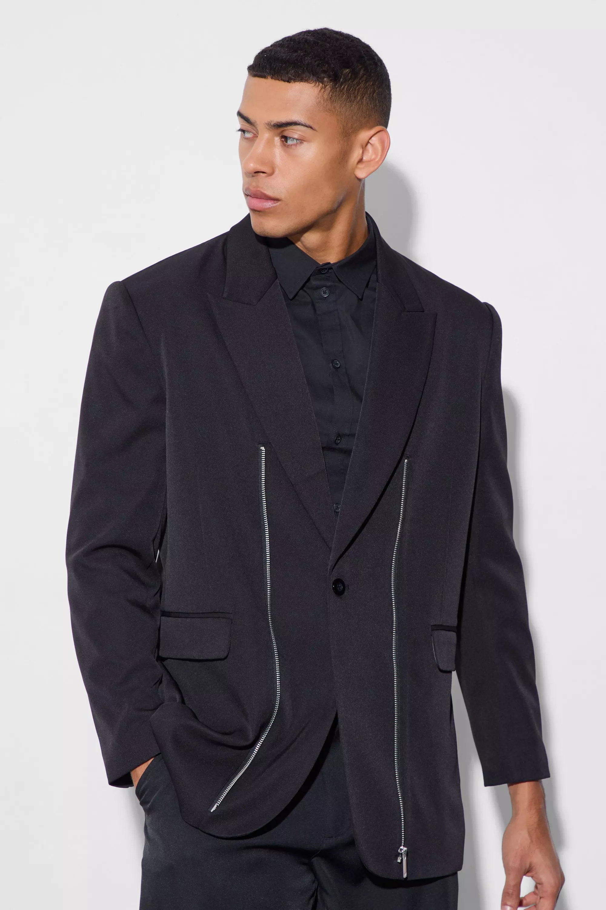 Zip Front Detail Blazer Black