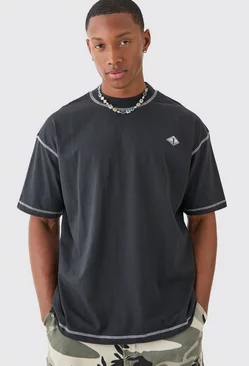 Black Oversized Man Contrast Stitch T-shirt