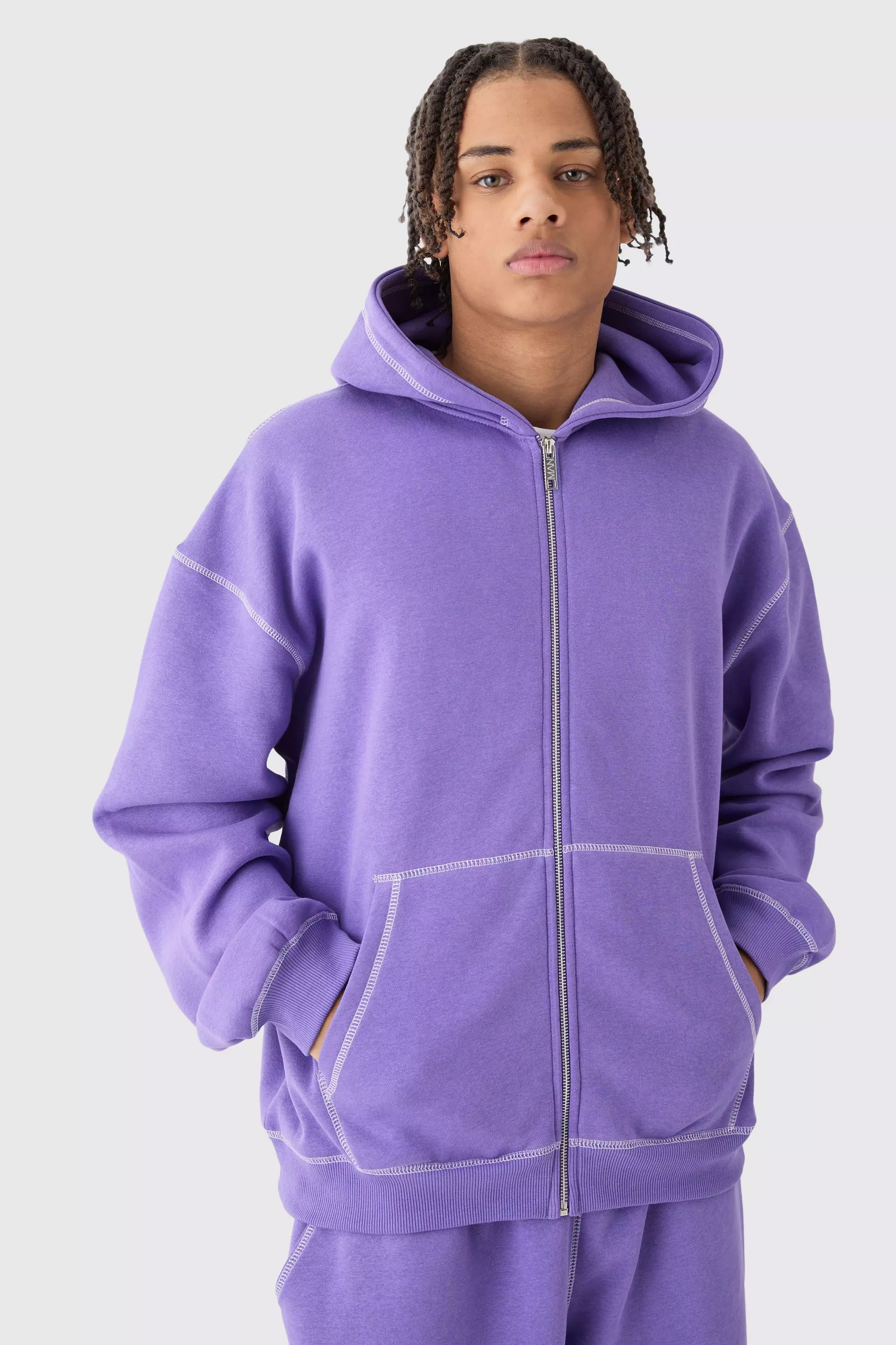 Oversized Contrast Stitch Zip Through Hoodie Purple