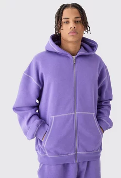 Oversized Contrast Stitch Zip Through Hoodie Purple
